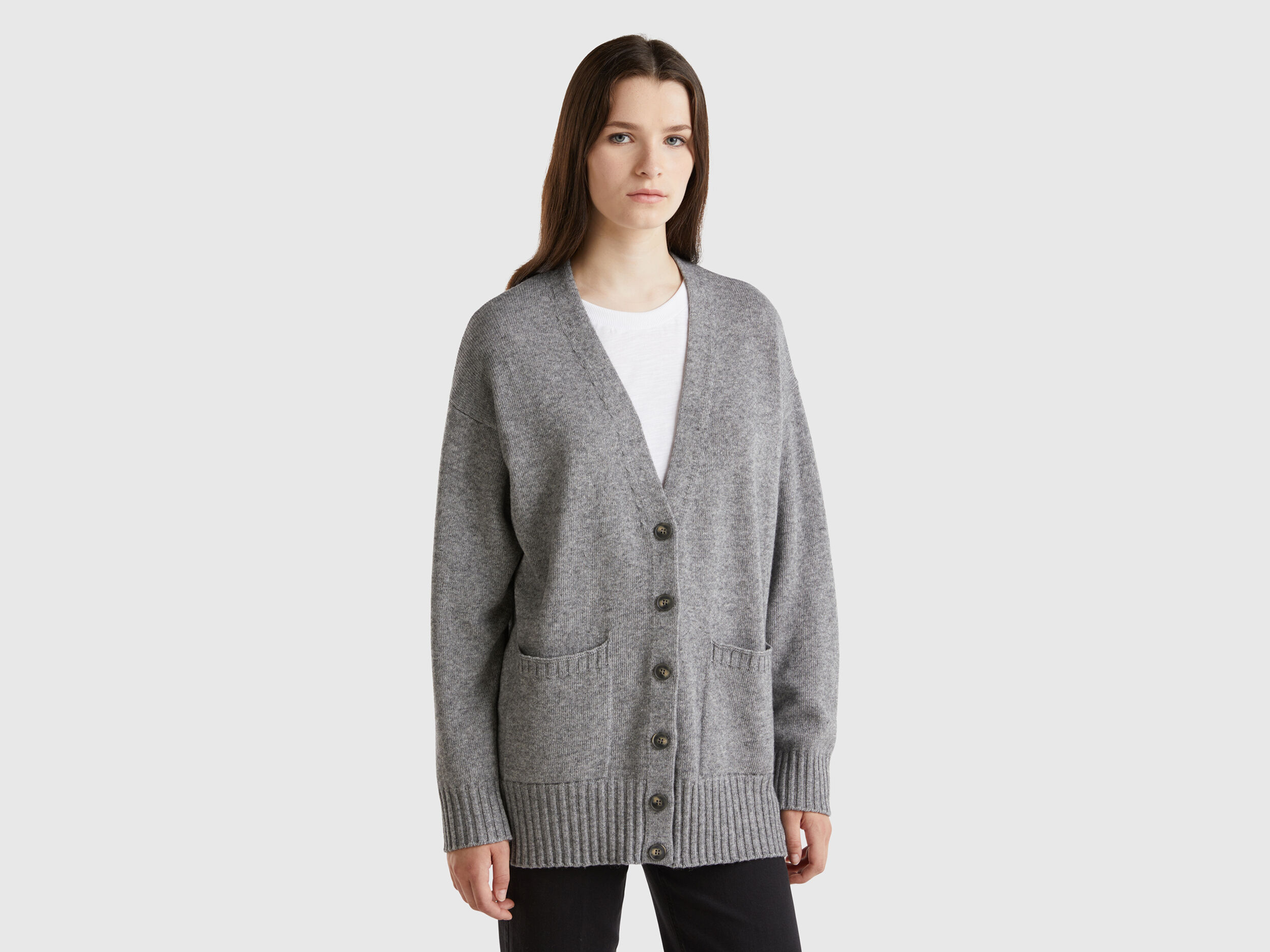 Oversized fit cardigan in wool blend - Gray | Benetton