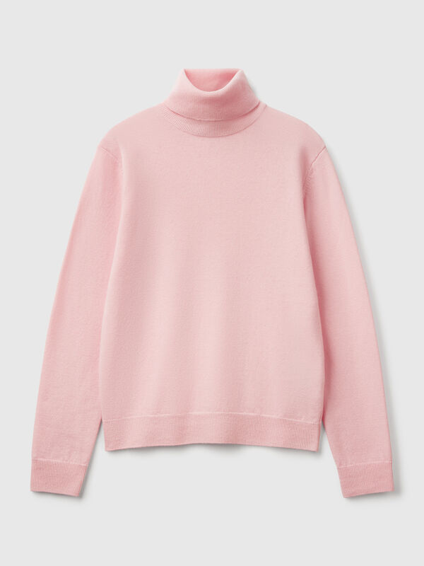 Suéter de cuello alto rosa empolvado en pura lana merino Suéter de cuello alto rosa empolvado en pura lana merino Mujer