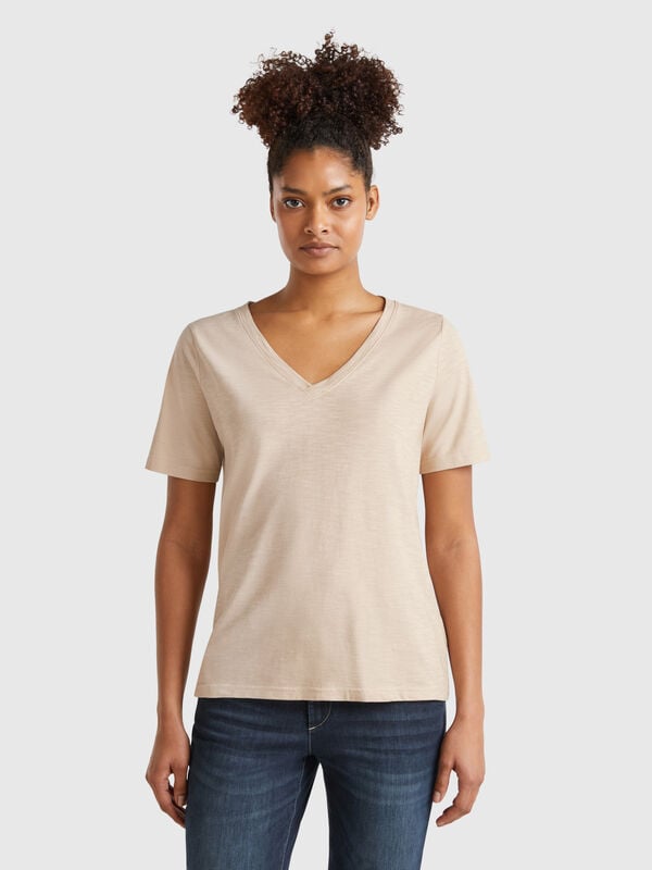 Camiseta de algodón flameado con escote de pico Mujer