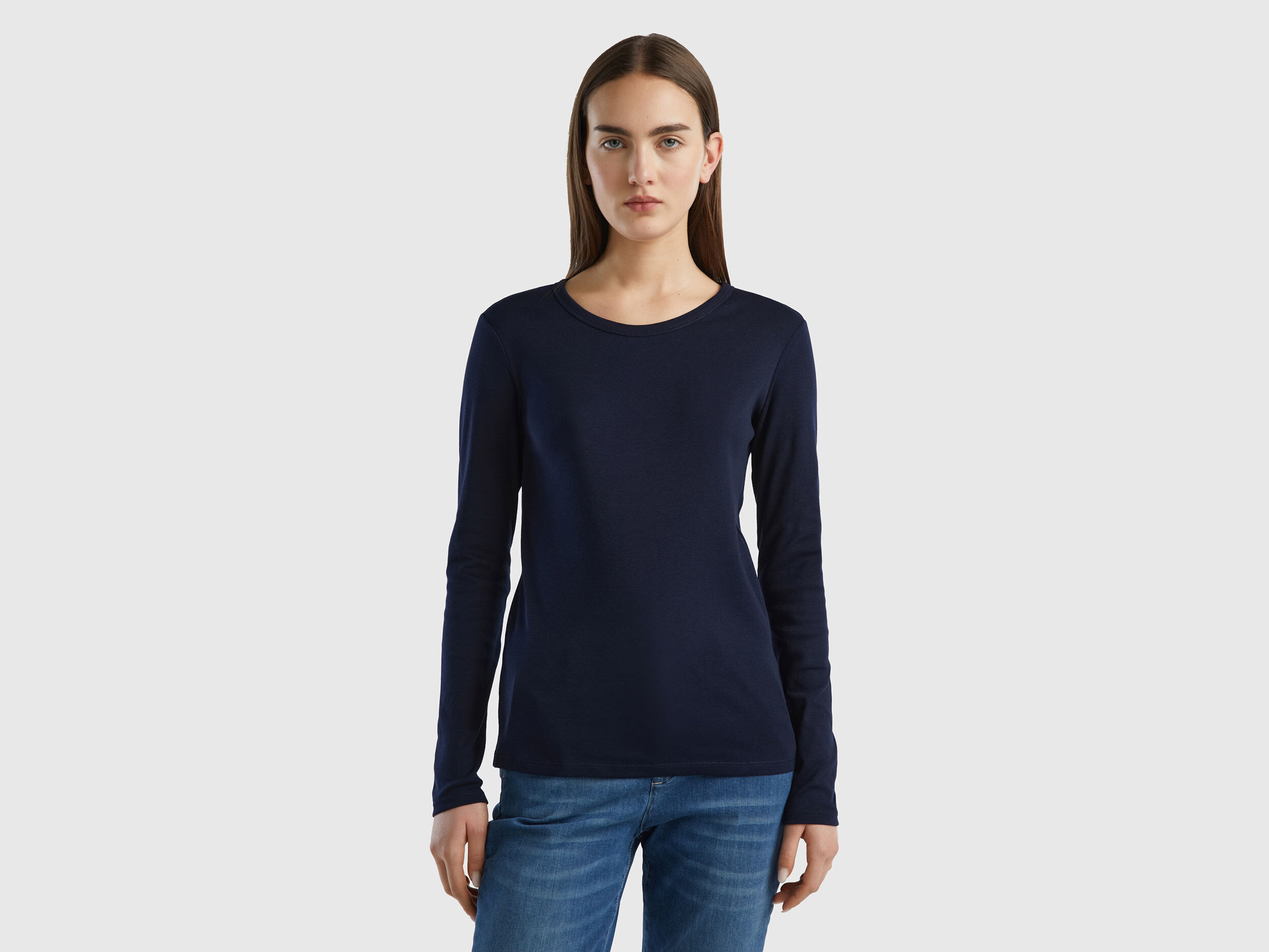 Long sleeve pure cotton t shirt Dark Blue Benetton