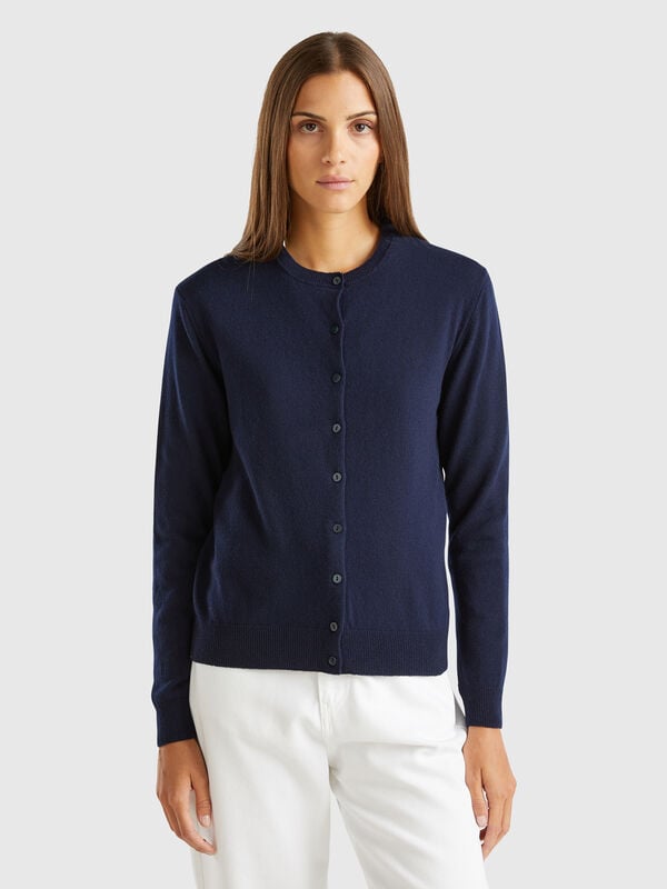 Midnight blue crew neck cardigan in pure Merino wool Women