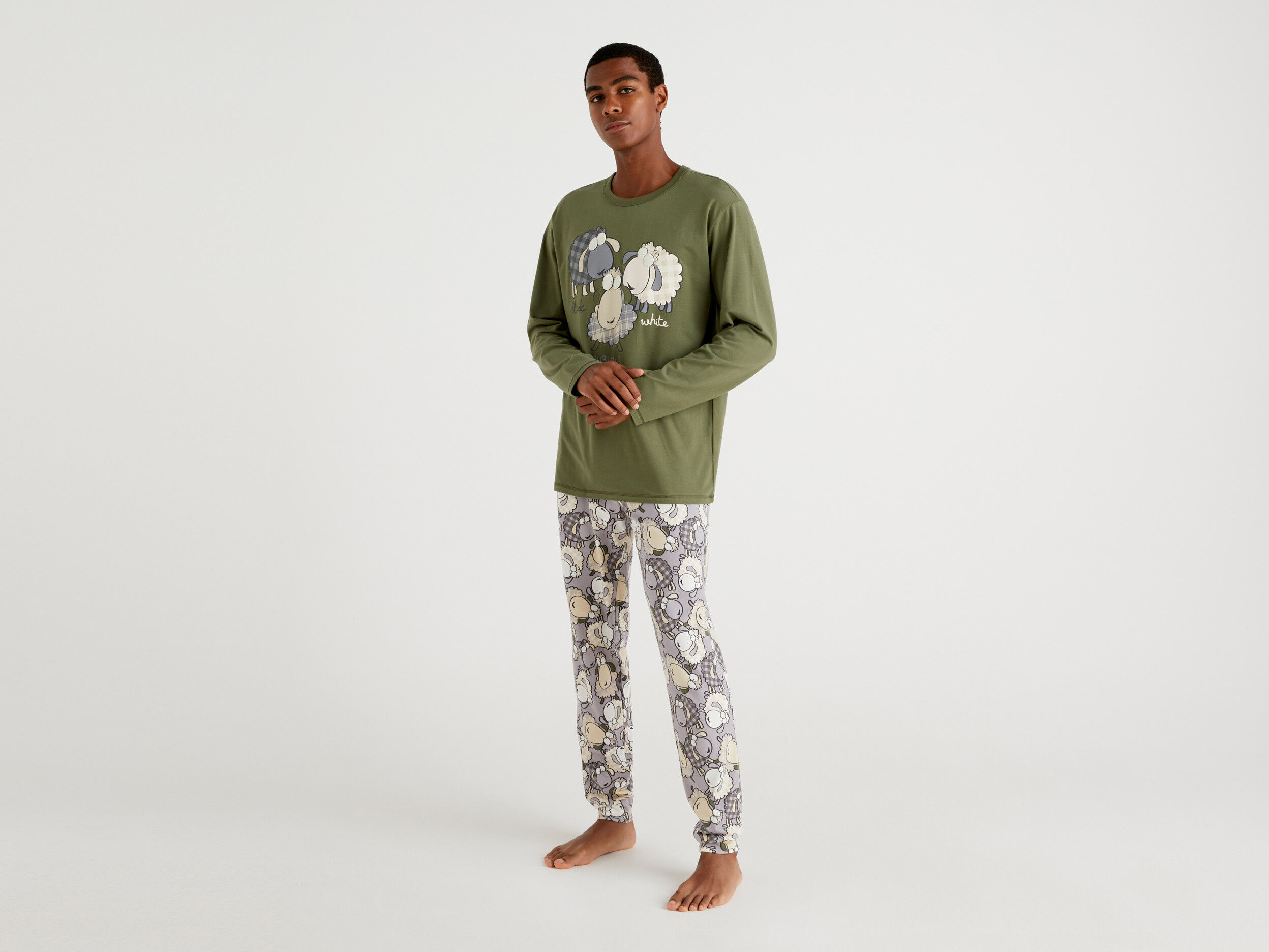 Warm pyjamas with sheep print Military Green Benetton