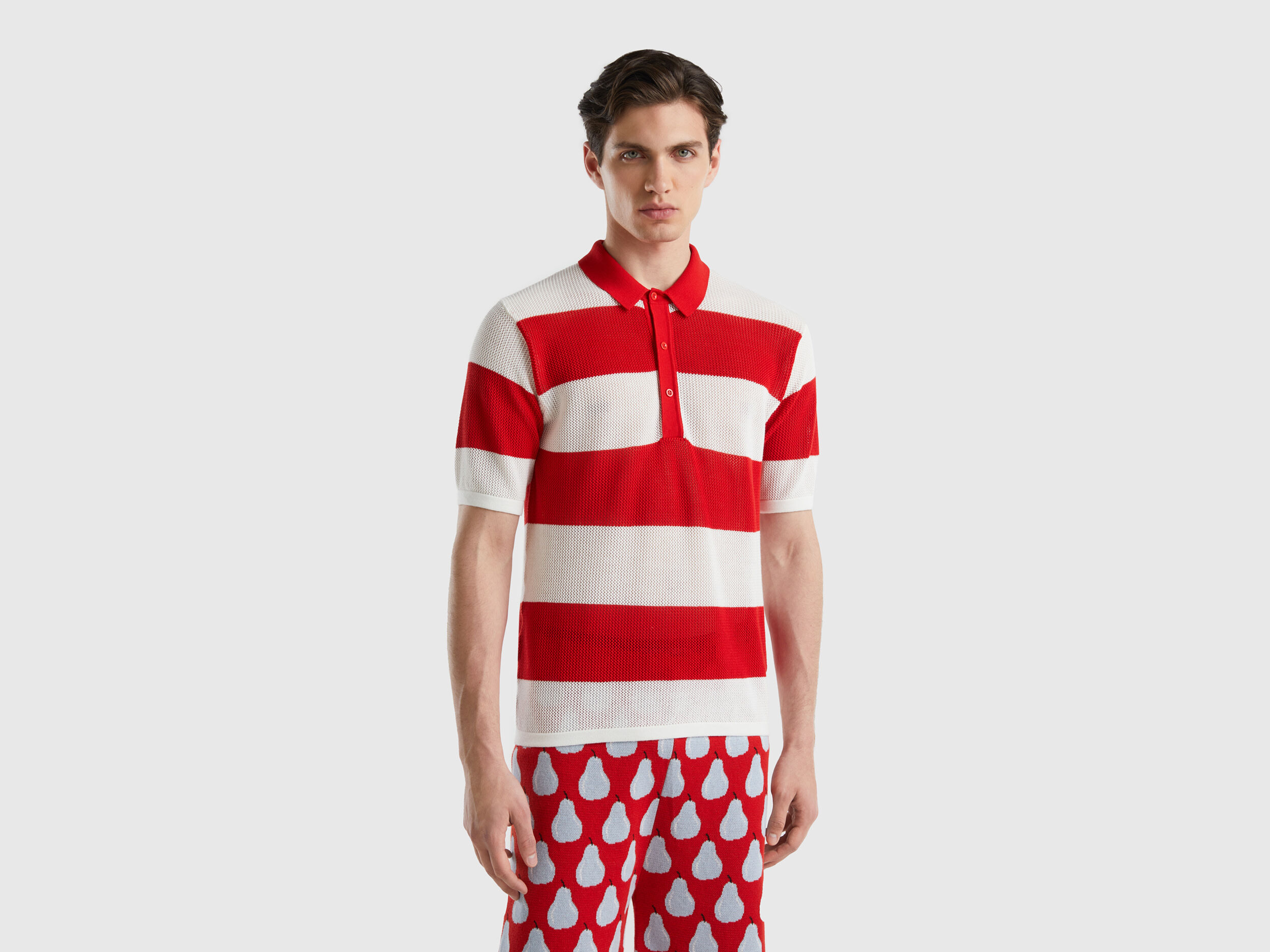 Polo de punto con rayas rojas y blancas Rojo Benetton