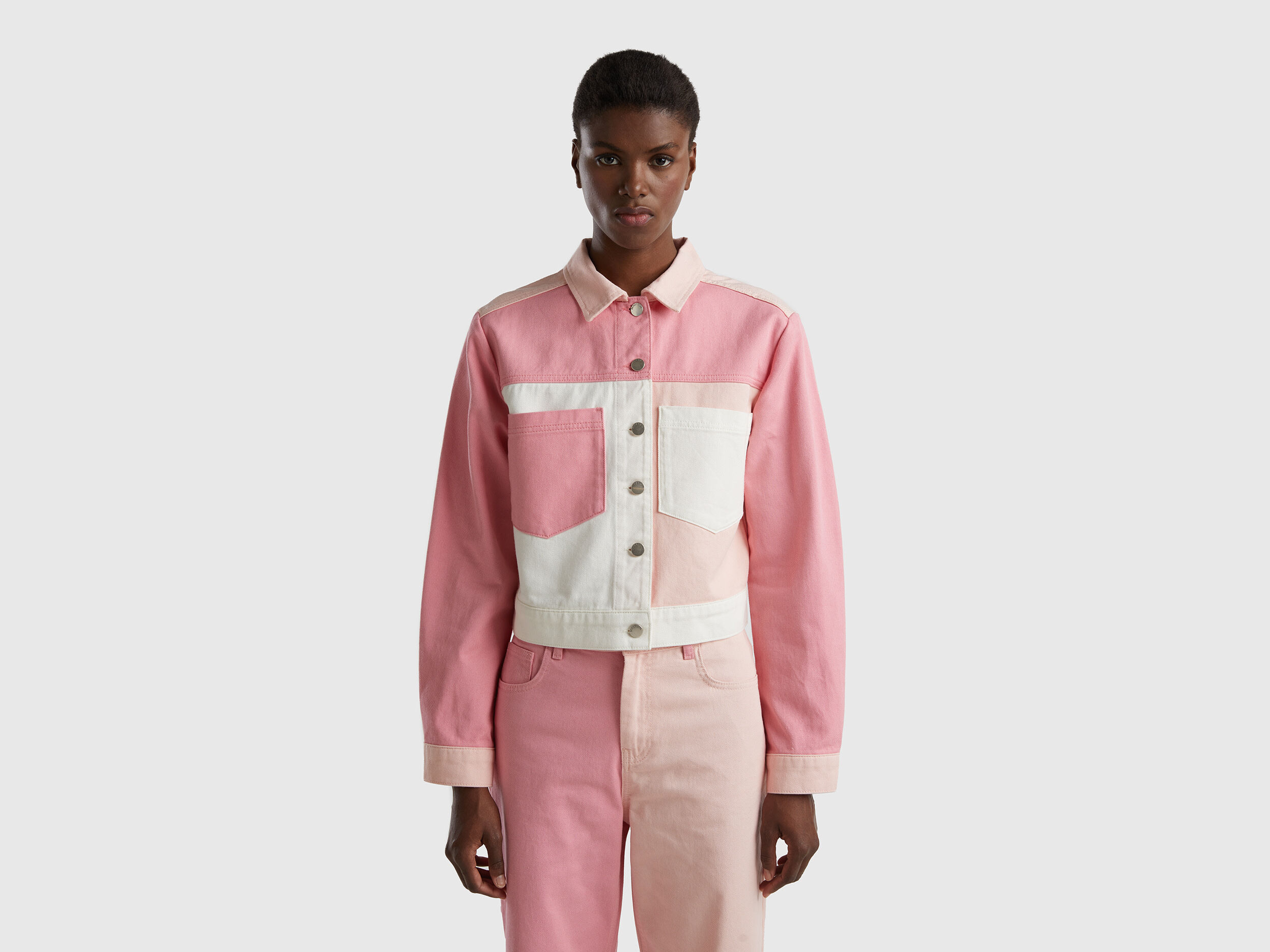 Pink color block cheap denim jacket