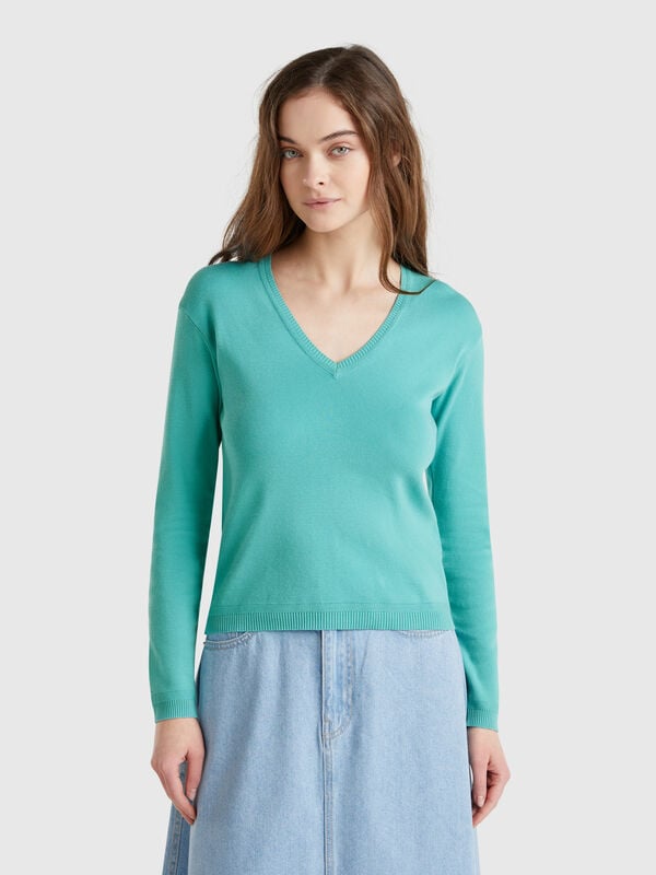 Pure cotton sweater with V-neck Women