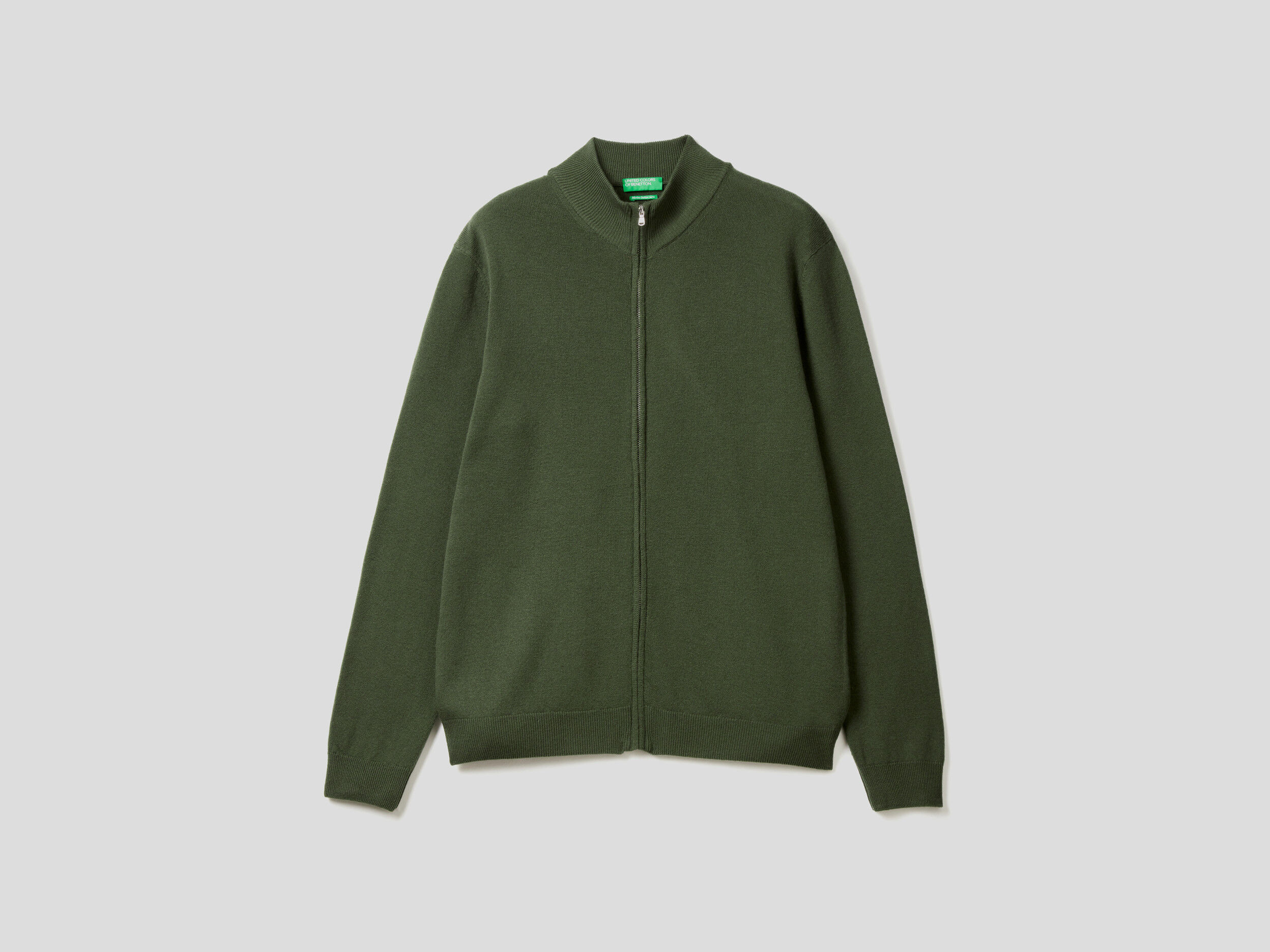 Military green zip up cardigan in pure Merino wool Military