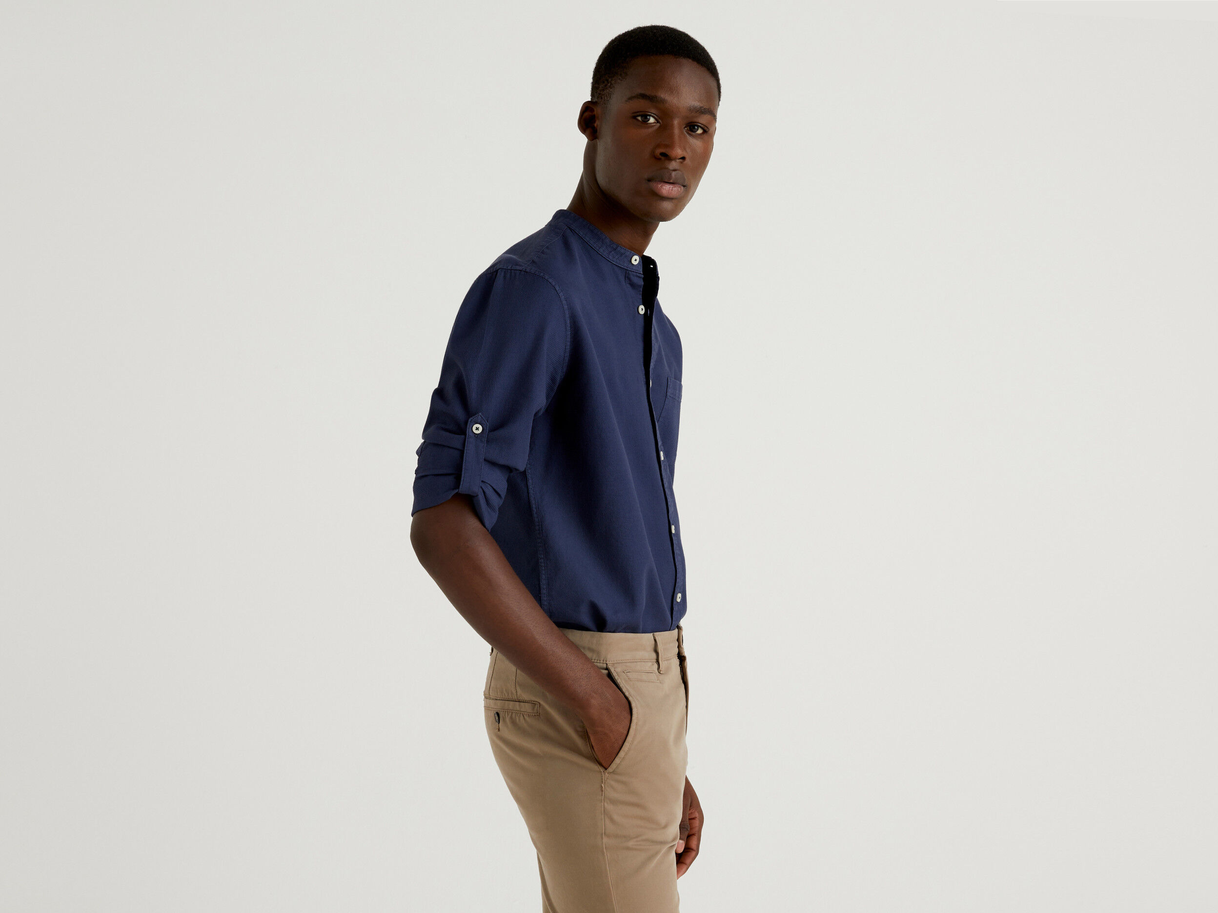 Slim fit shirt with Mandarin collar Dark Blue Benetton
