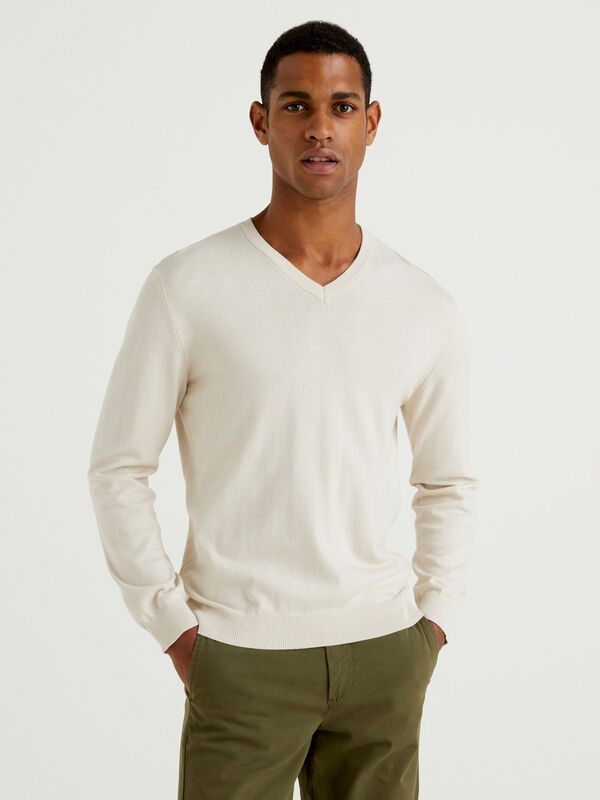 Pure cotton sweater with V-neck Men