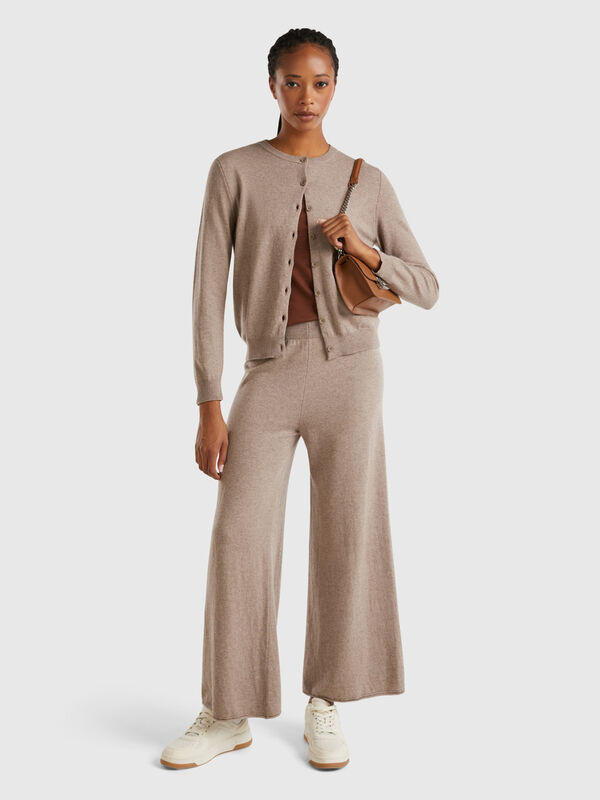 Pantalones amplios marrón jaspeado en mezcla de lana y cachemira Mujer