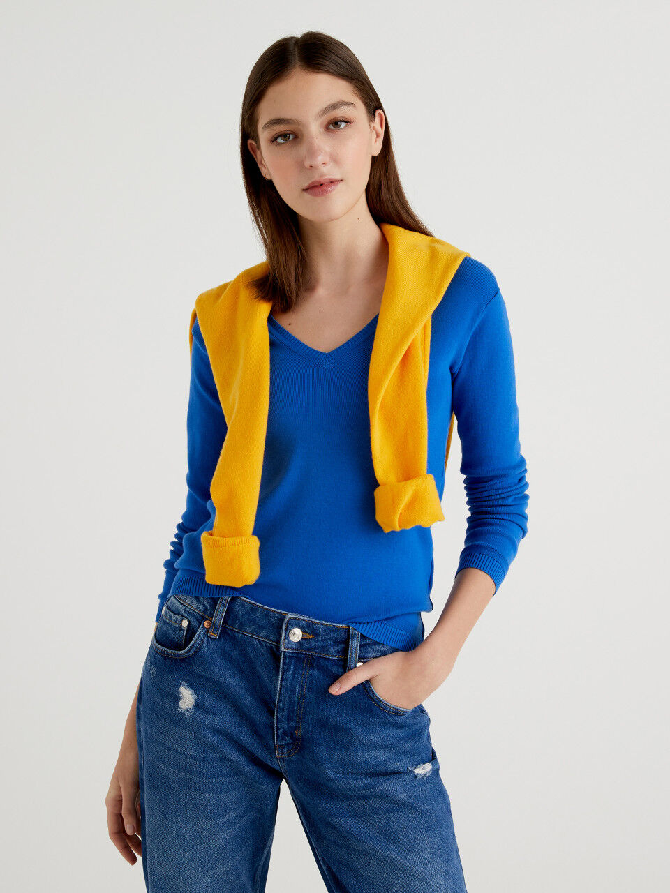 Pure cotton sweater with V-neck