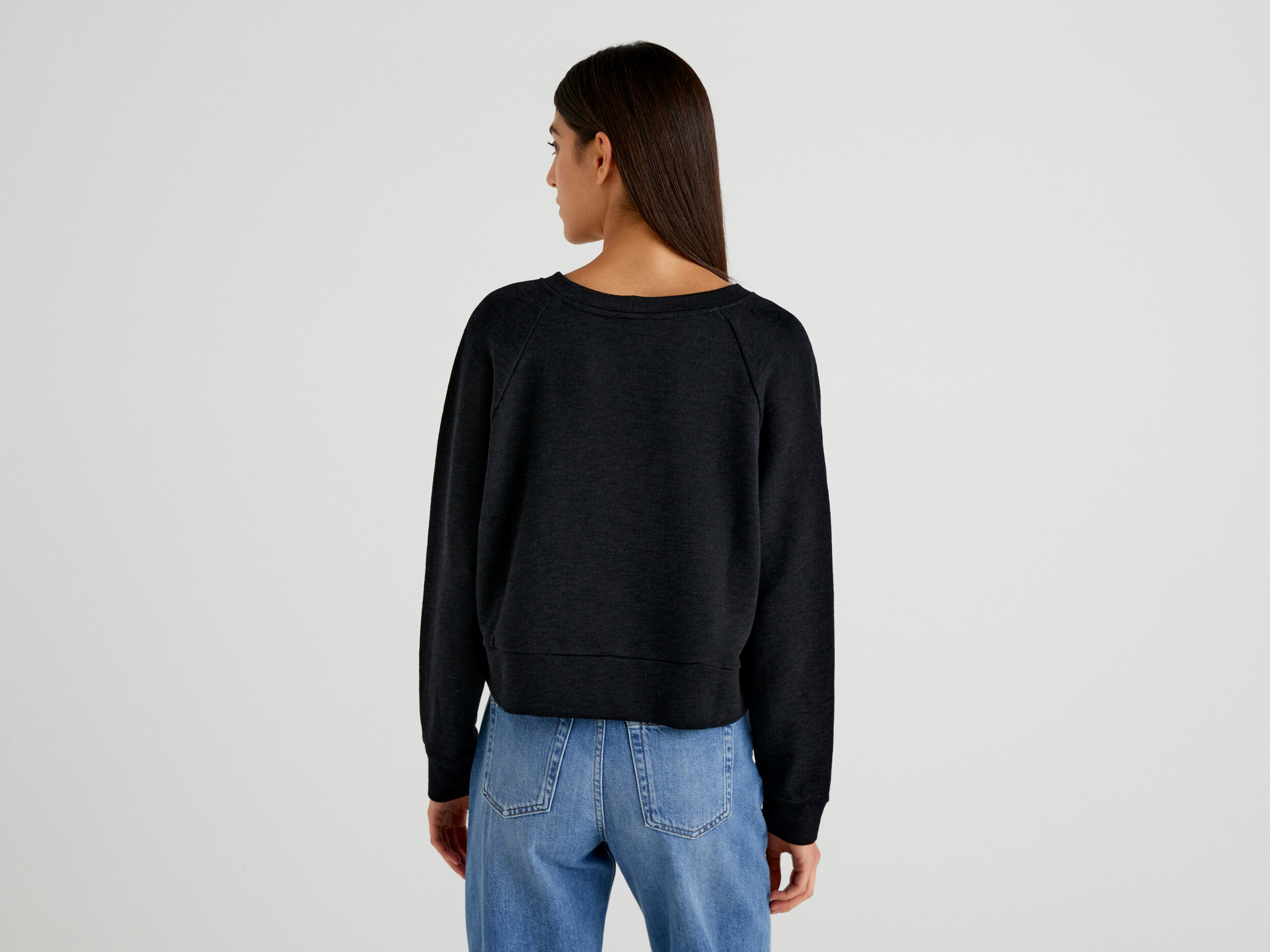 Short sweatshirt with wide crew neck Black Benetton