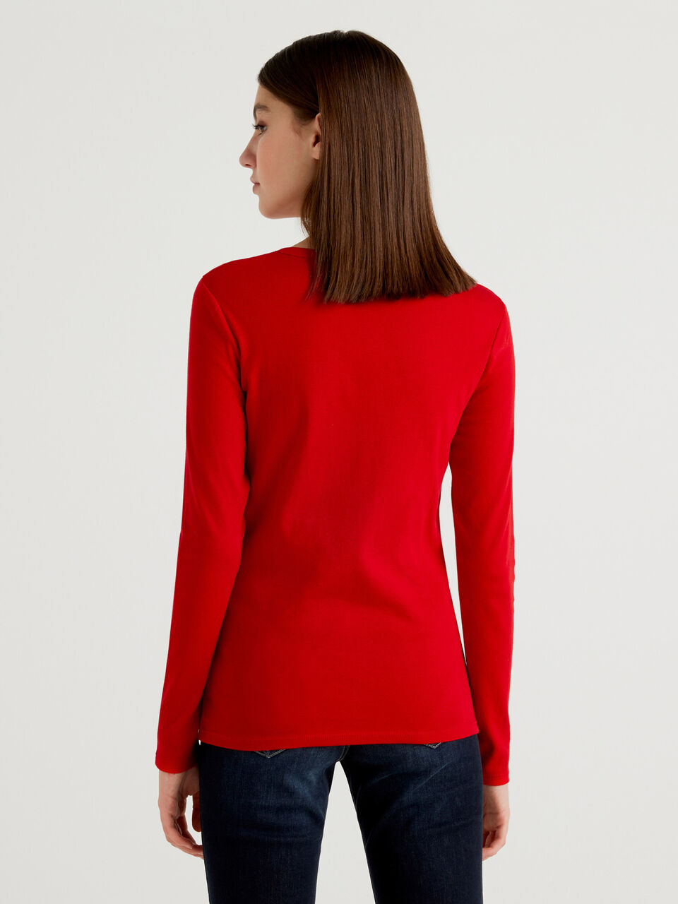 Comprar camiseta roja de manga larga con encaje online barata para mujer.