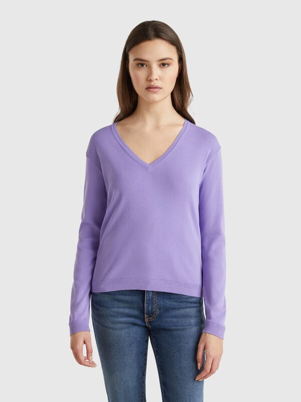 Pure cotton sweater with V-neck Women