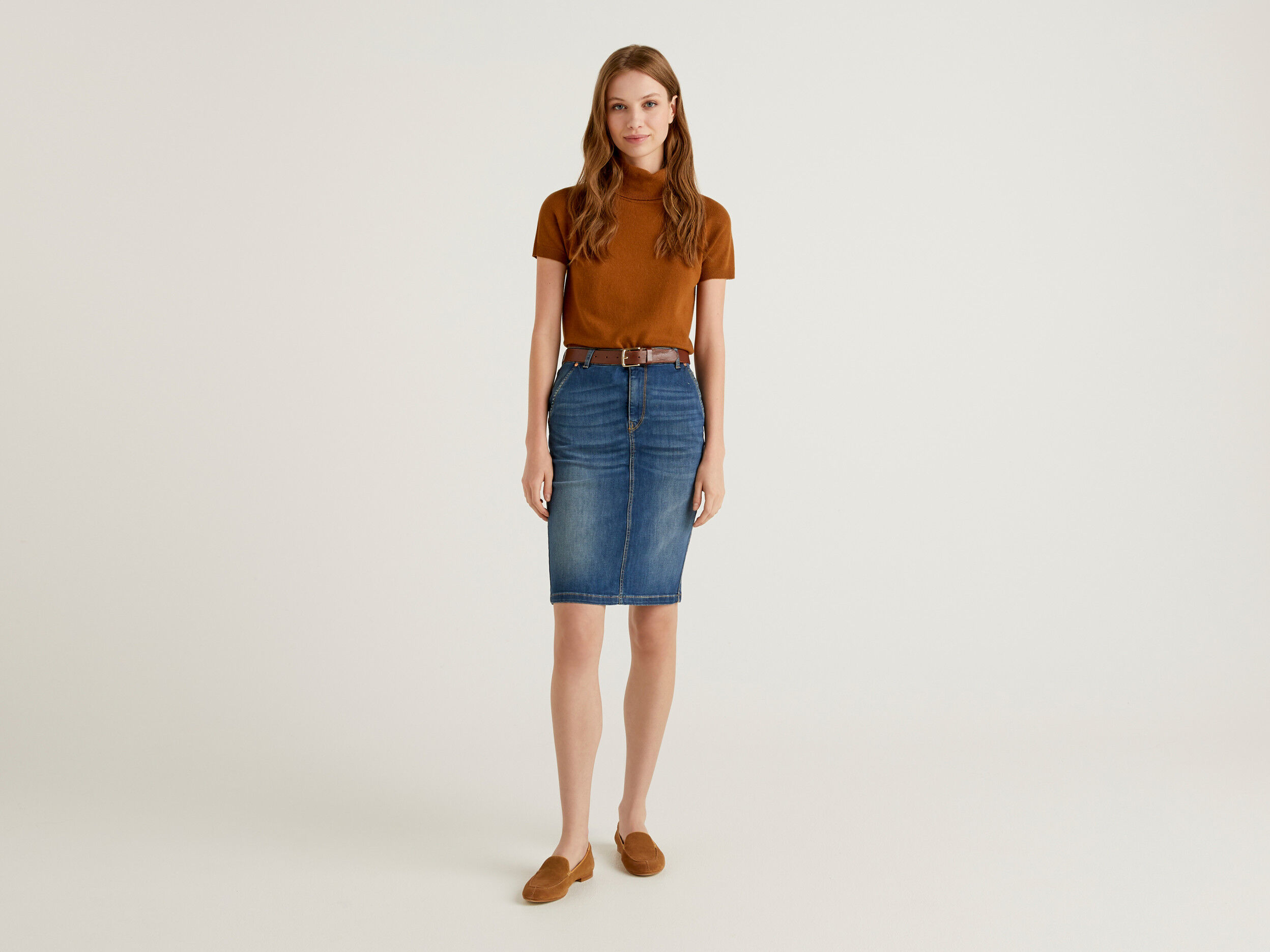 Stretch denim pencil skirt Blue Benetton