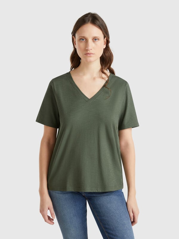 Camiseta de algodón flameado con escote de pico Mujer