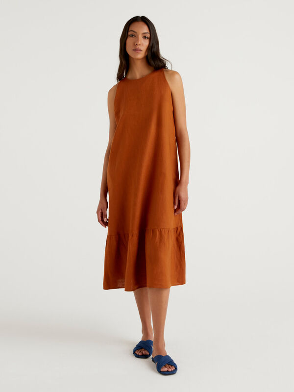 Midi dress in 100% linen with flounce Women