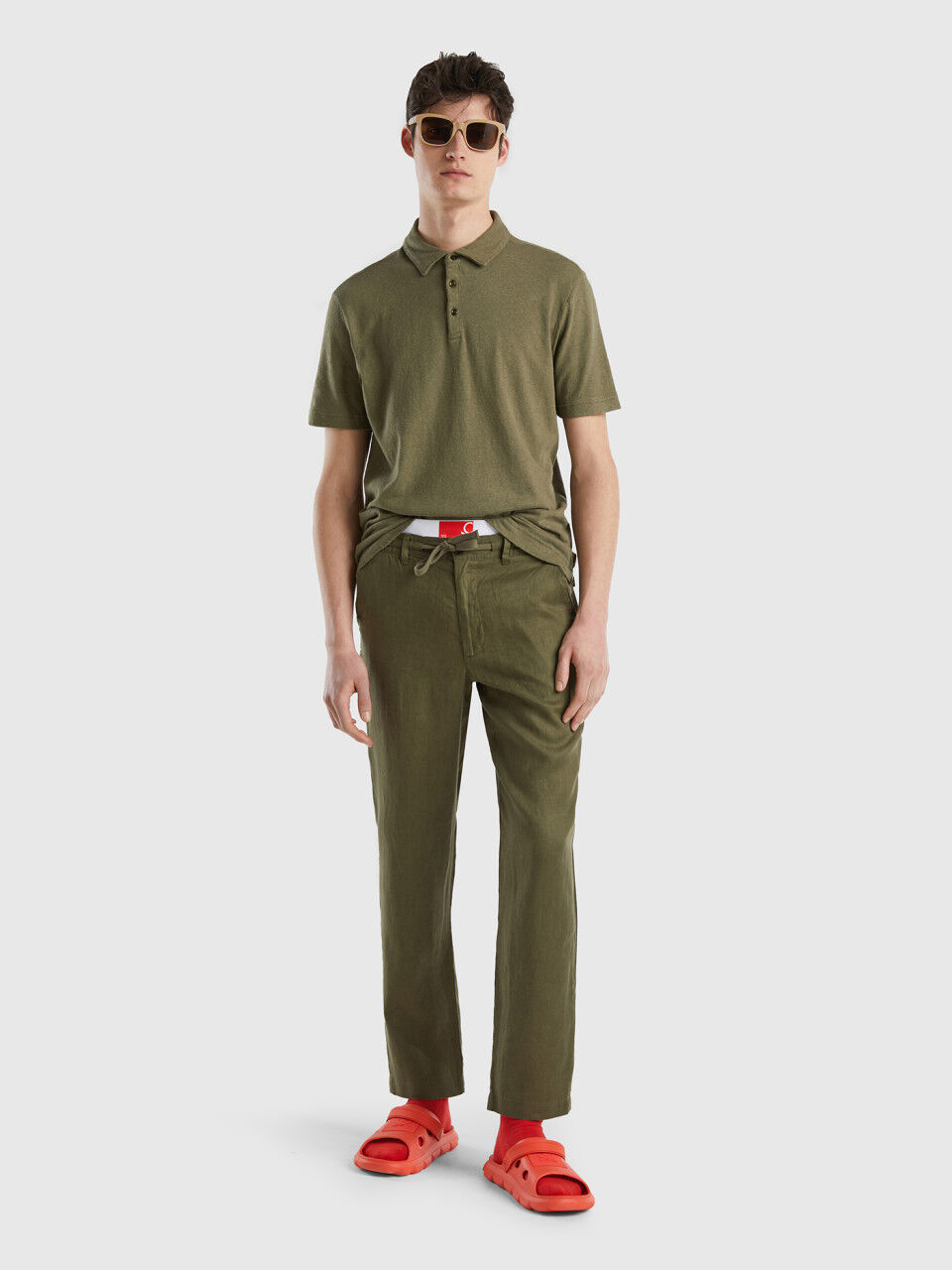 Trousers in pure linen with drawstring - Military Green | Benetton