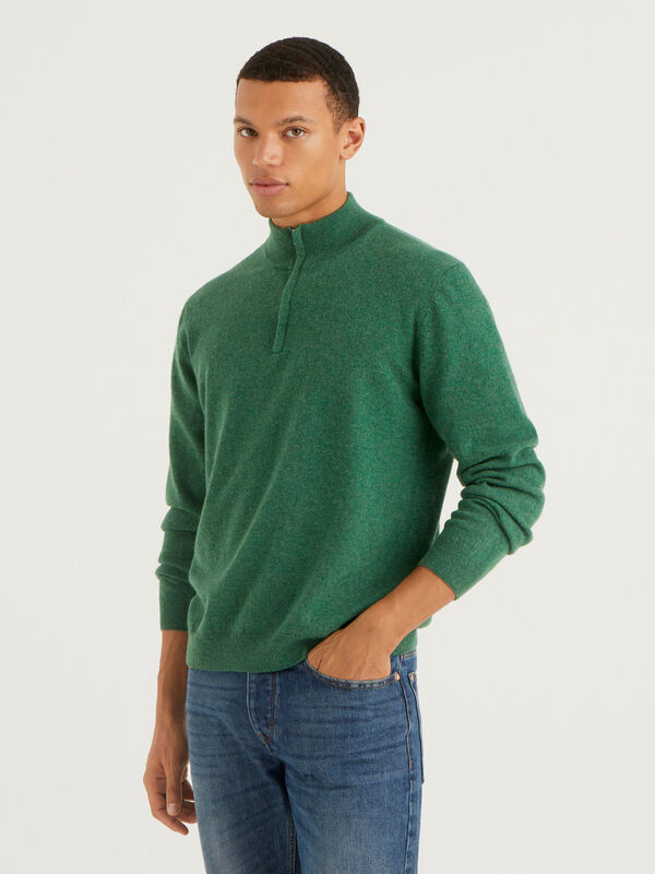 Jersey verde oscuro de 100 % lana Merina con cremallera Hombre