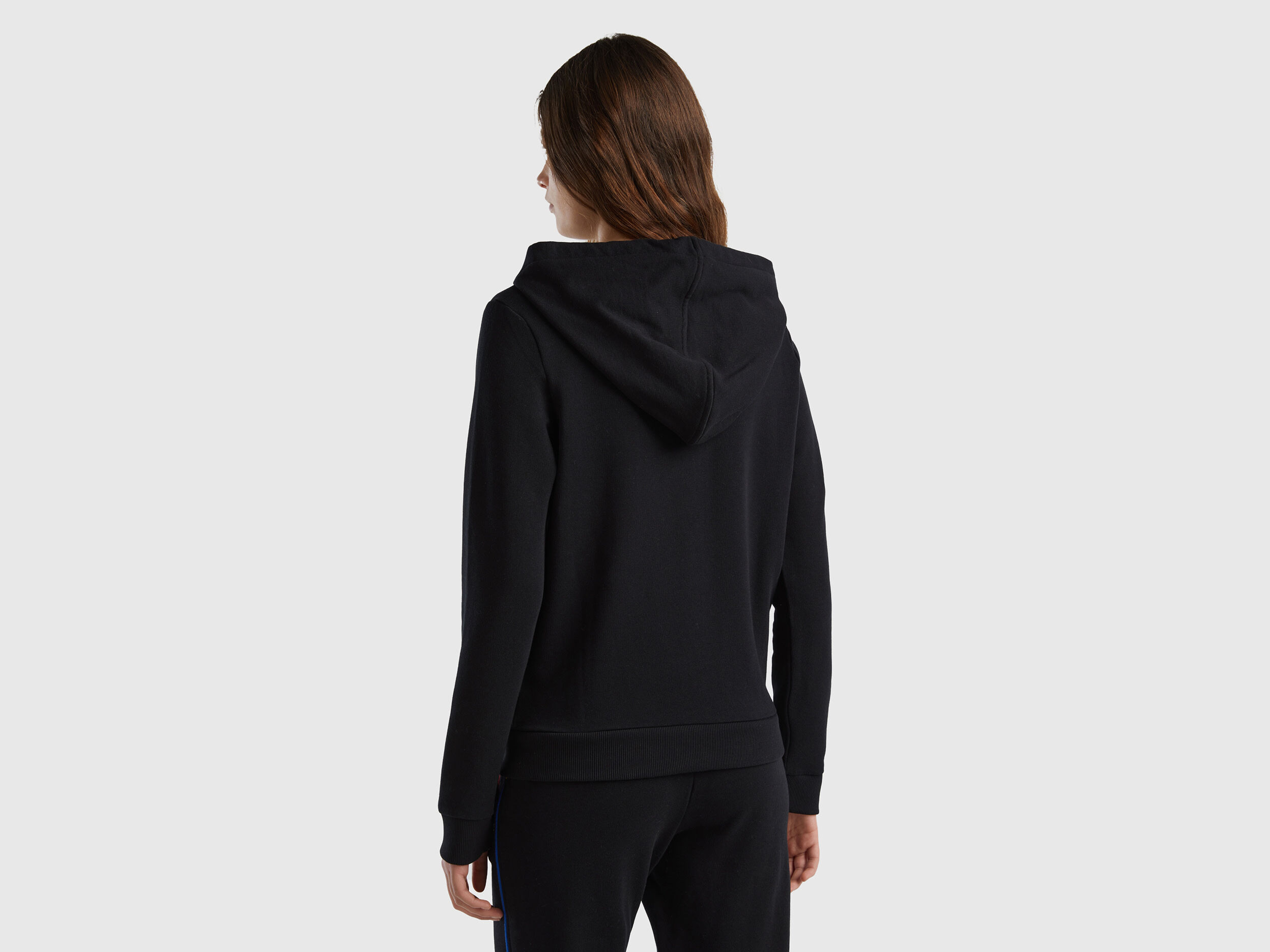 100% cotton sweatshirt with zip and hood - Black | Benetton