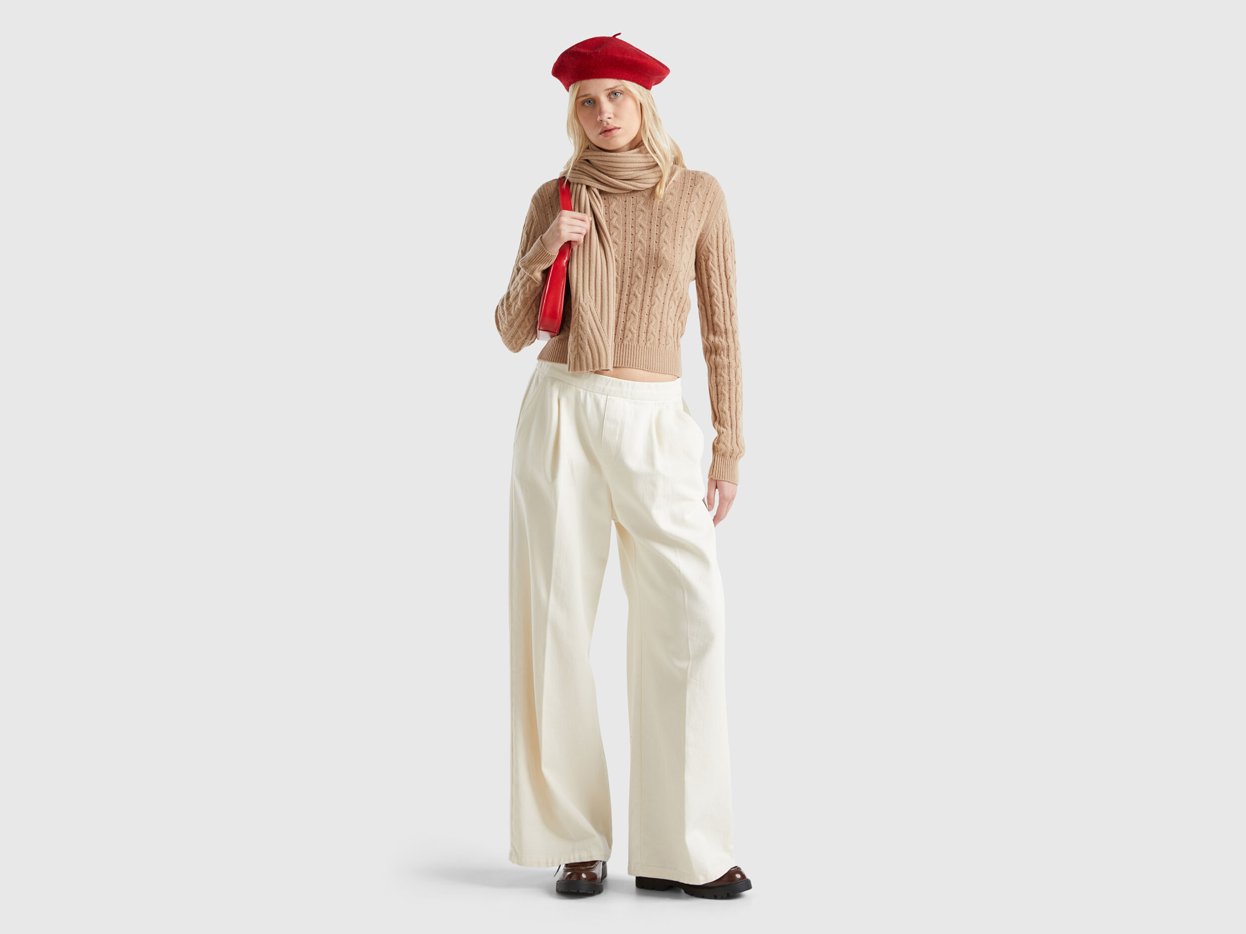 Cropped sweater with cable knit and perforations - Camel