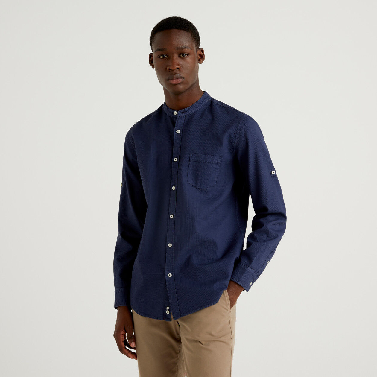 Camisa slim fit de cuello mao Azul Oscuro Benetton