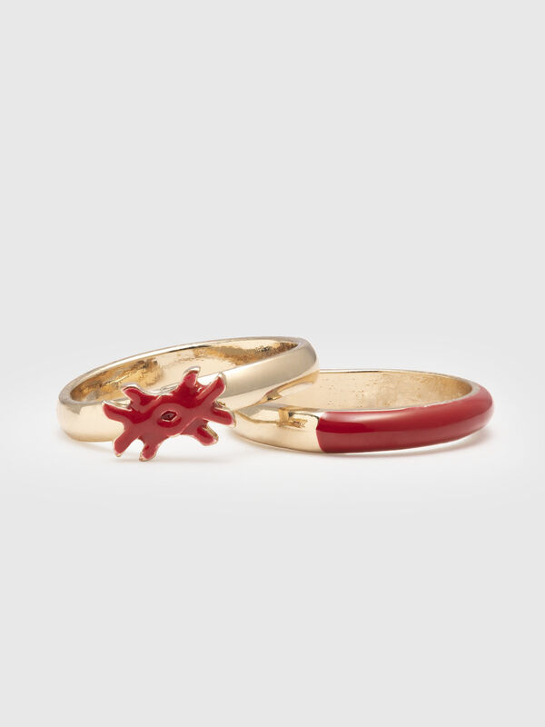 Two rings with coral red enamelled details Women