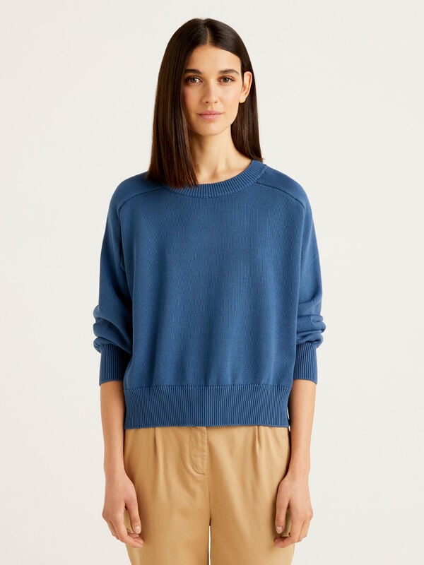 Crew neck sweater in 100% cotton tricot Women