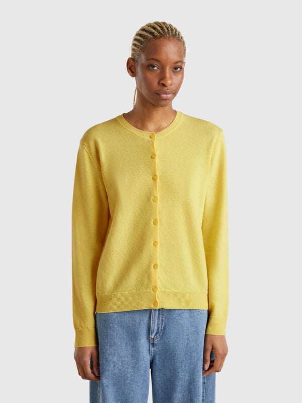 Yellow crew neck cardigan in pure Merino wool Women