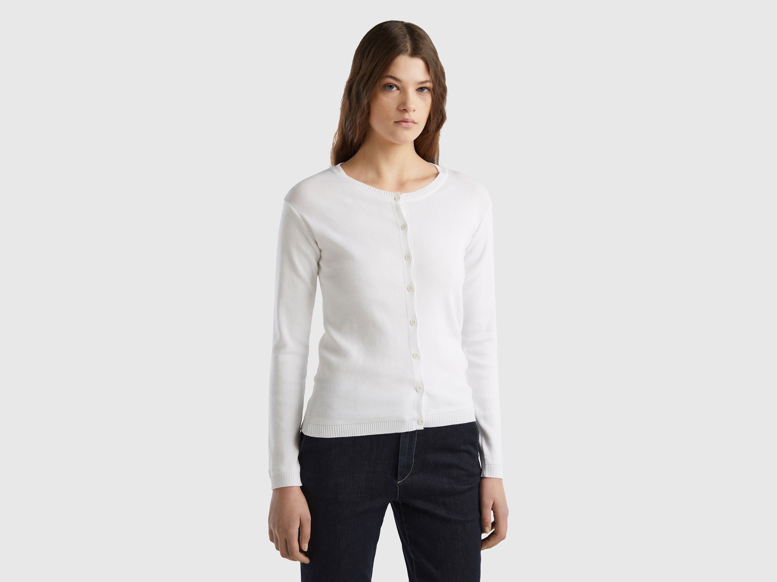 Crew neck cardigan in pure cotton White Benetton