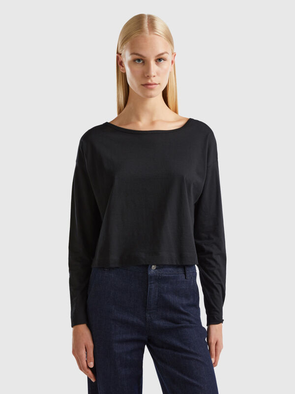 Camiseta negra de algodón de fibra larga Mujer