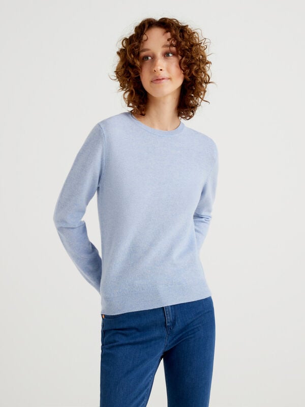 Sky blue crew neck sweater in pure Merino wool Women