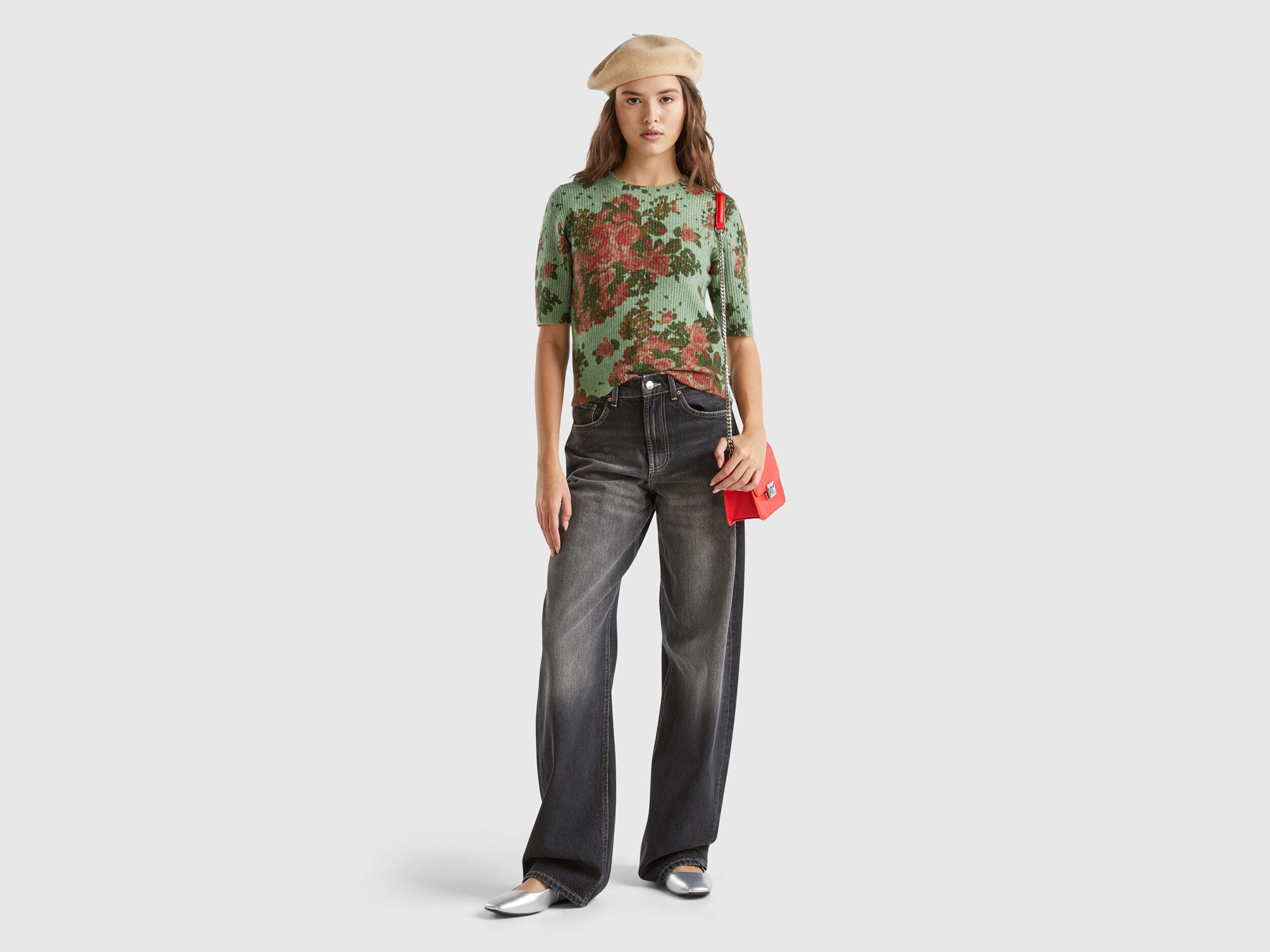 Floral sweater in recycled yarn - Light Green | Benetton
