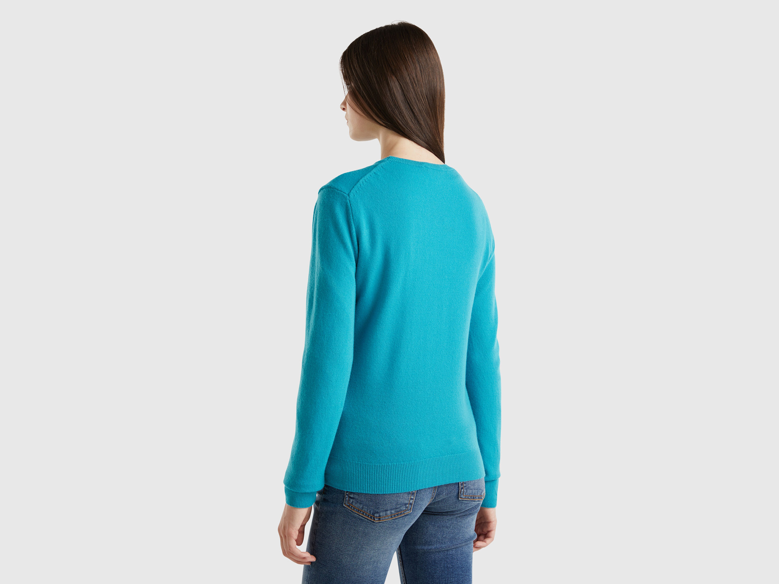 Turquoise crew neck sweater in pure Merino wool - Turquoise