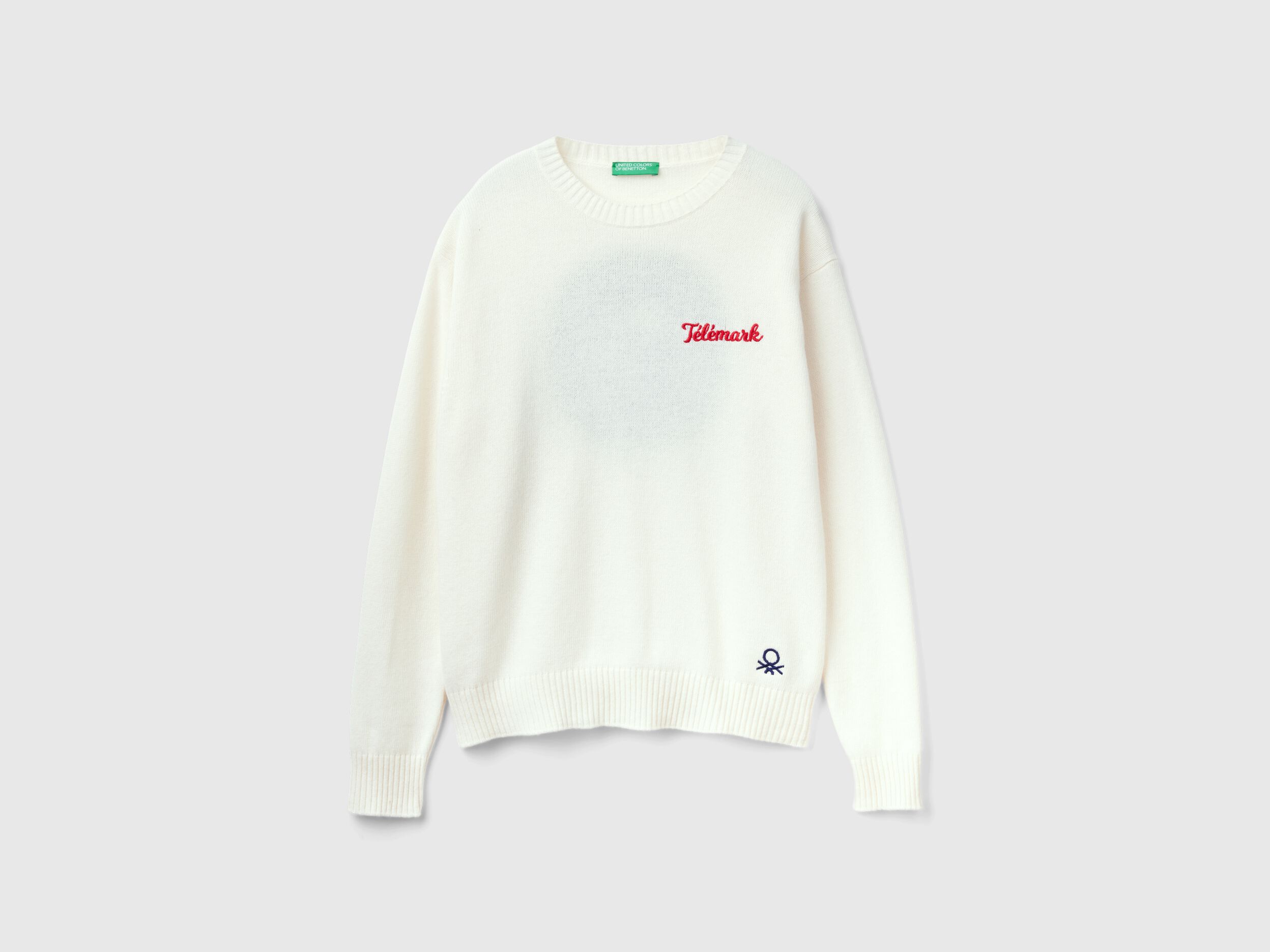 Wool blend sweater with ski graphic - Creamy White | Benetton