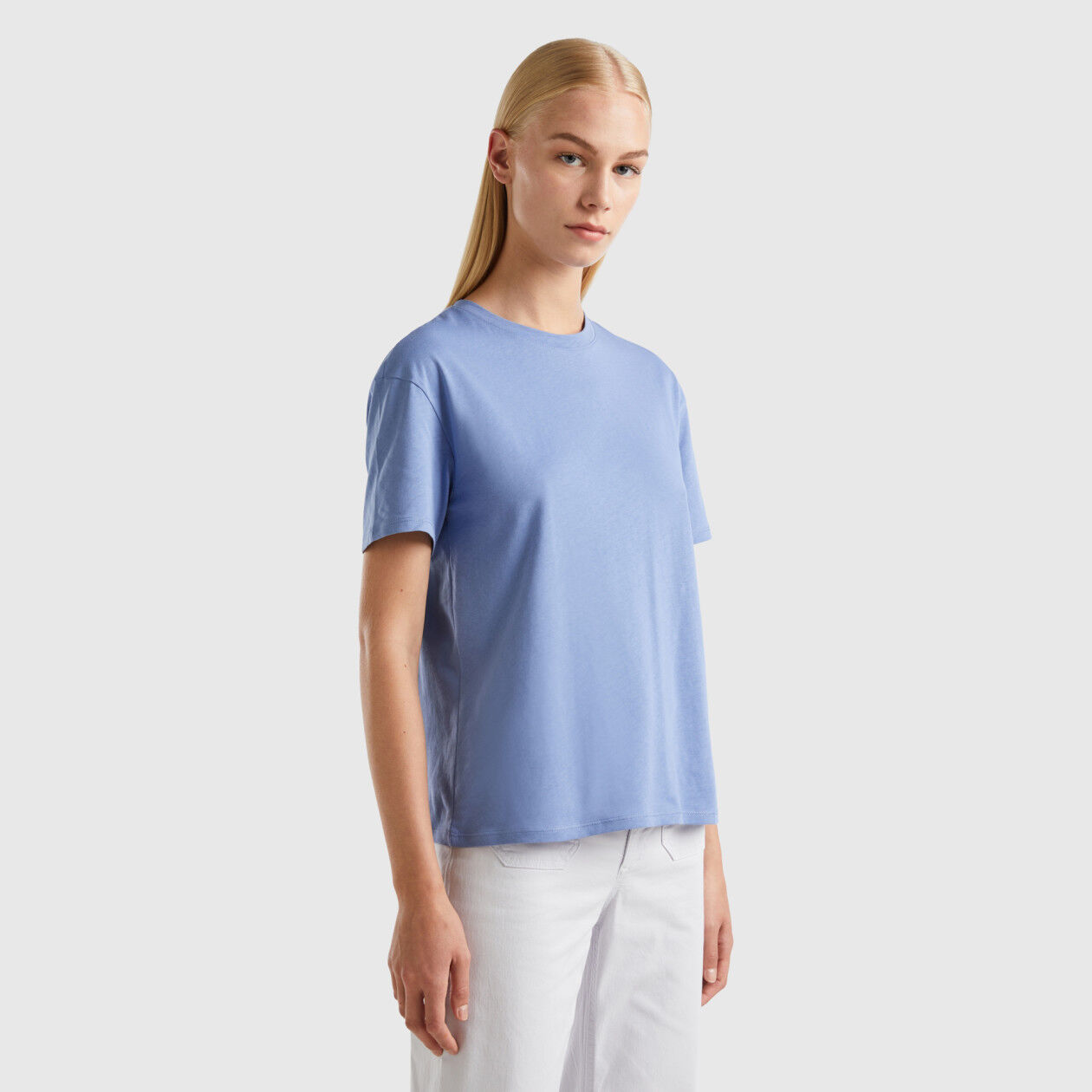 Short sleeve 100 cotton t shirt Light Blue Benetton