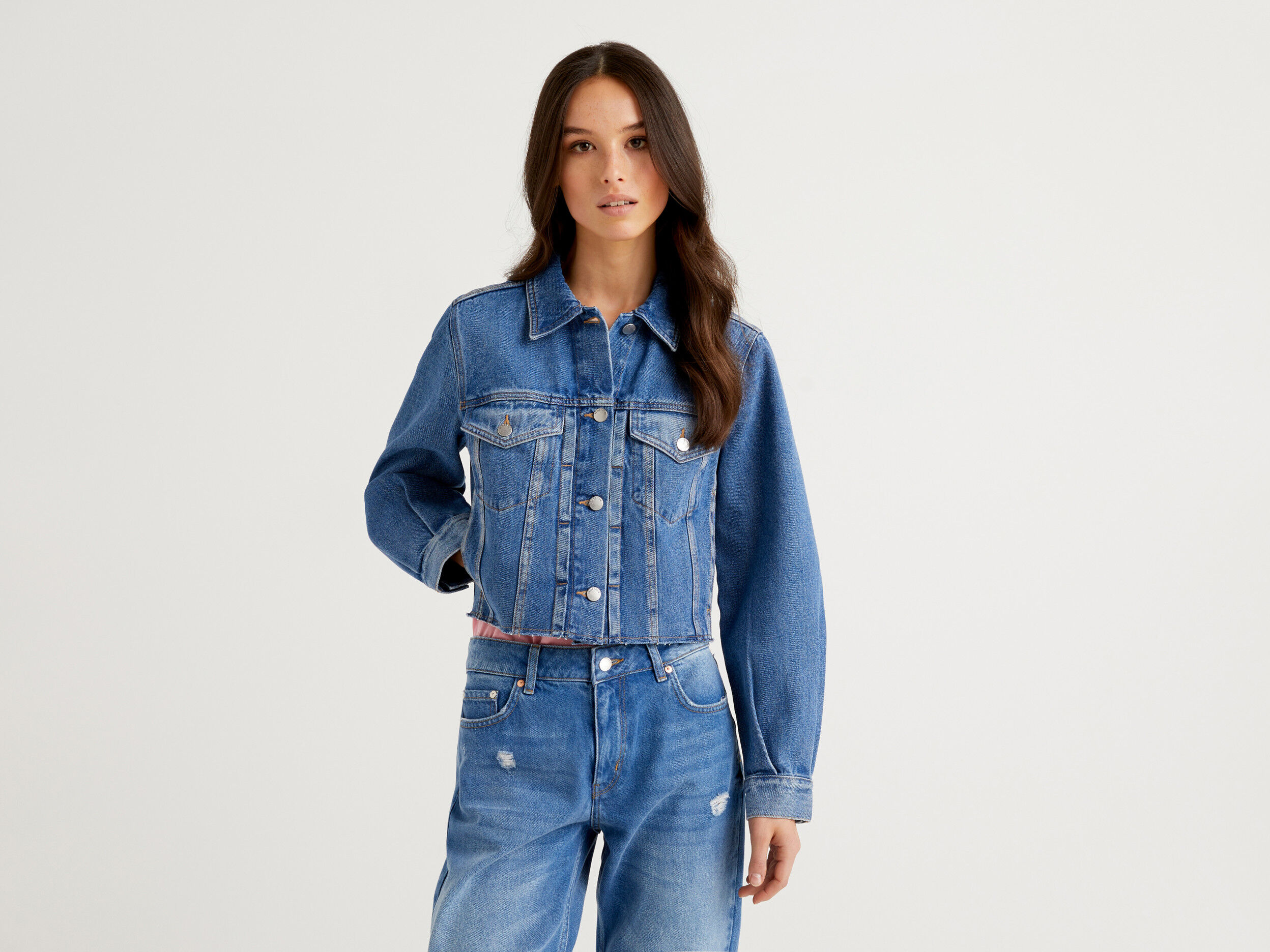 Short boxy fit denim jacket Blue Benetton
