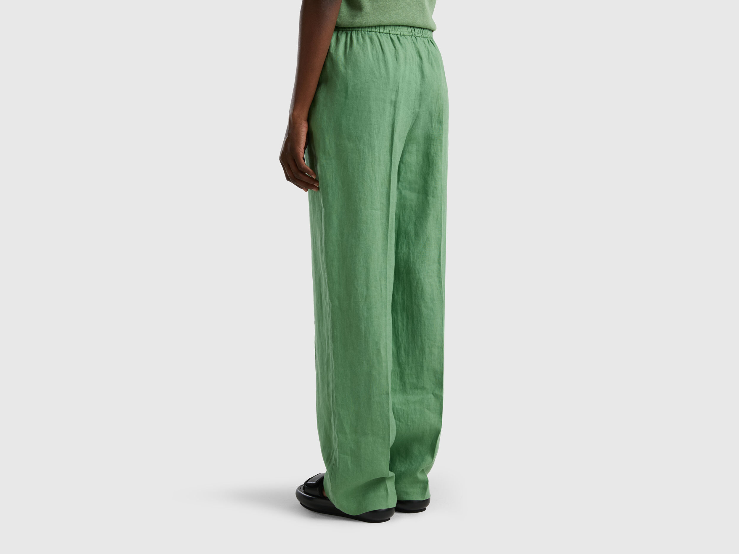 Trousers in pure linen with elastic Green Benetton