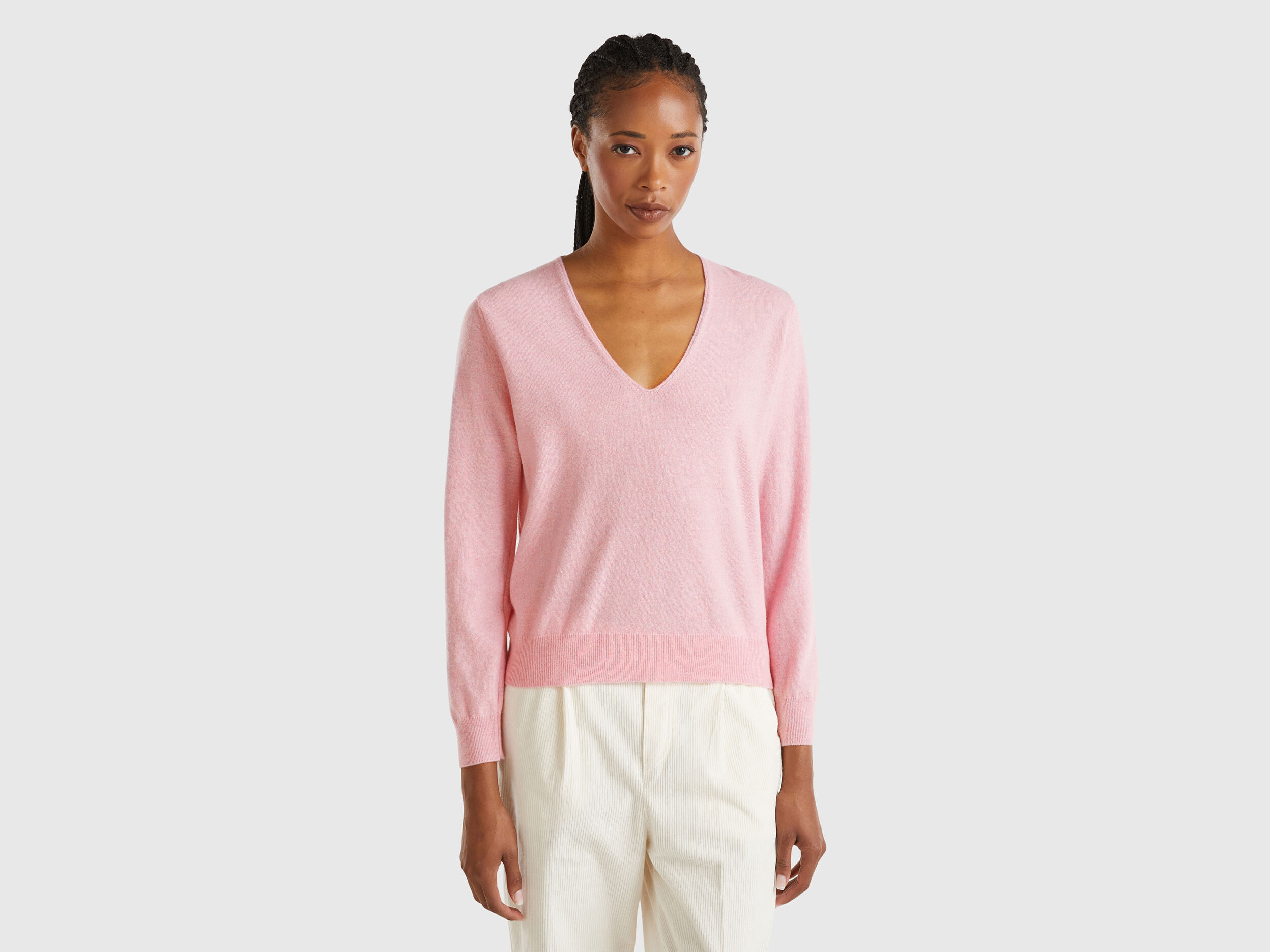 Marl pink V neck sweater in pure Merino wool Pink Benetton