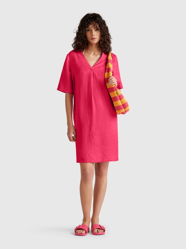 Vestido de manga corta en puro lino Mujer