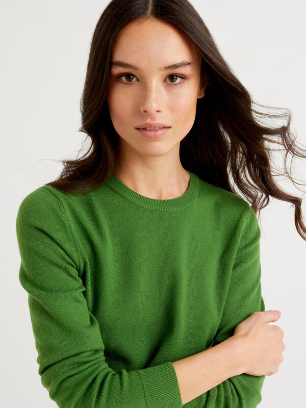 Jersey de cuello redondo verde de lana merina Mujer