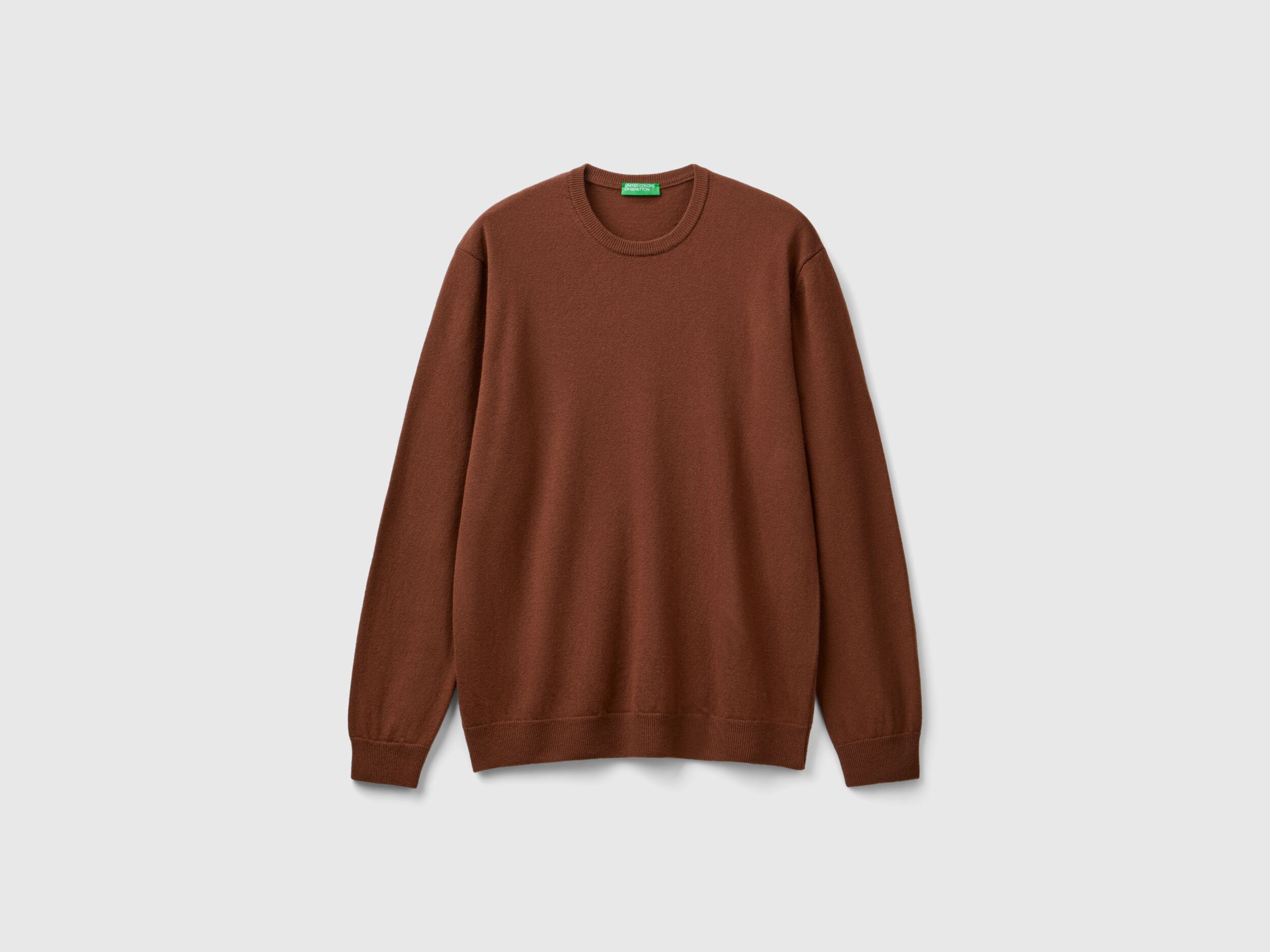 Coffee crew neck sweater in pure Merino wool Brown Benetton