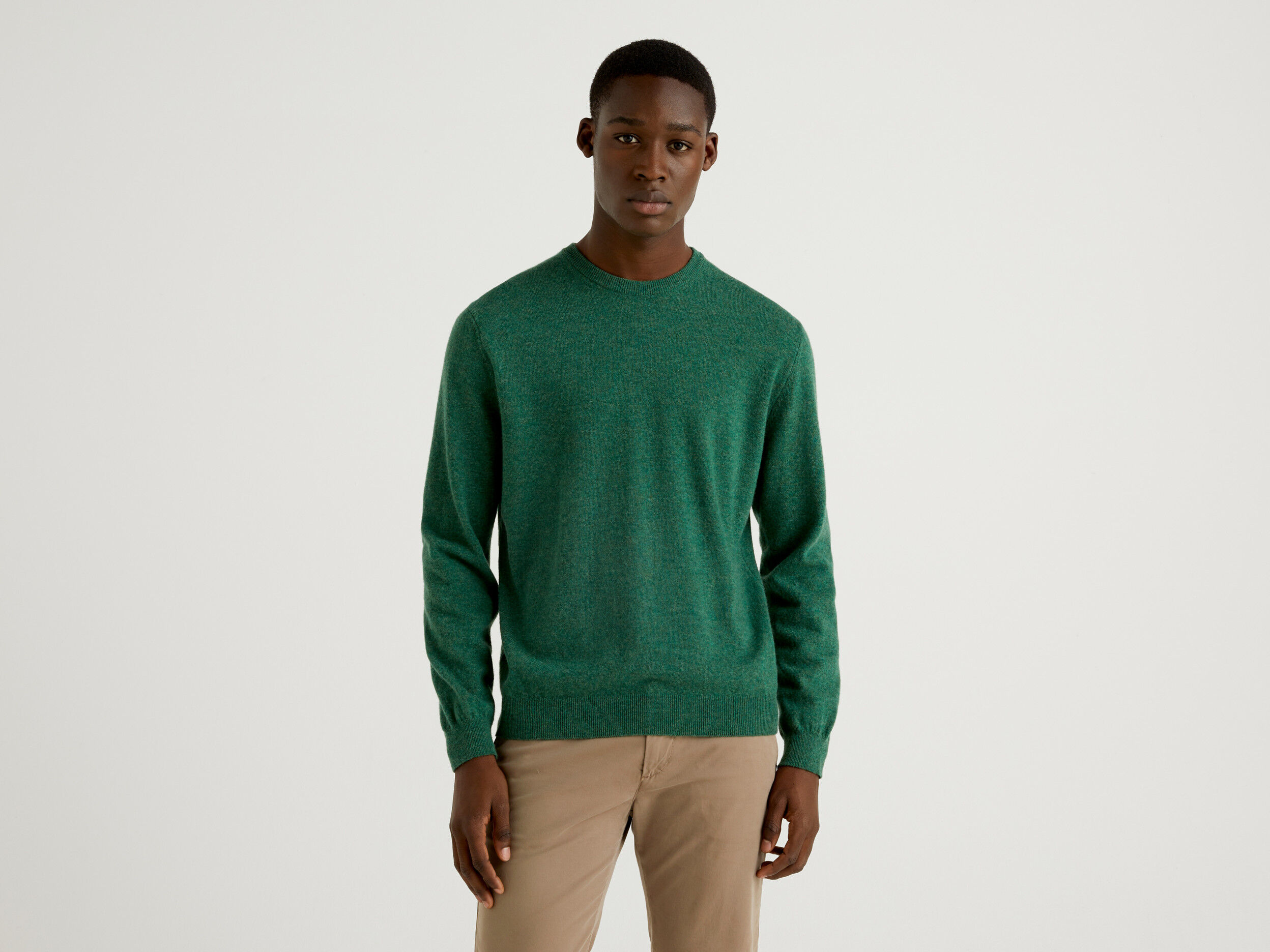 Dark green crew neck sweater in pure Merino wool - Dark Green