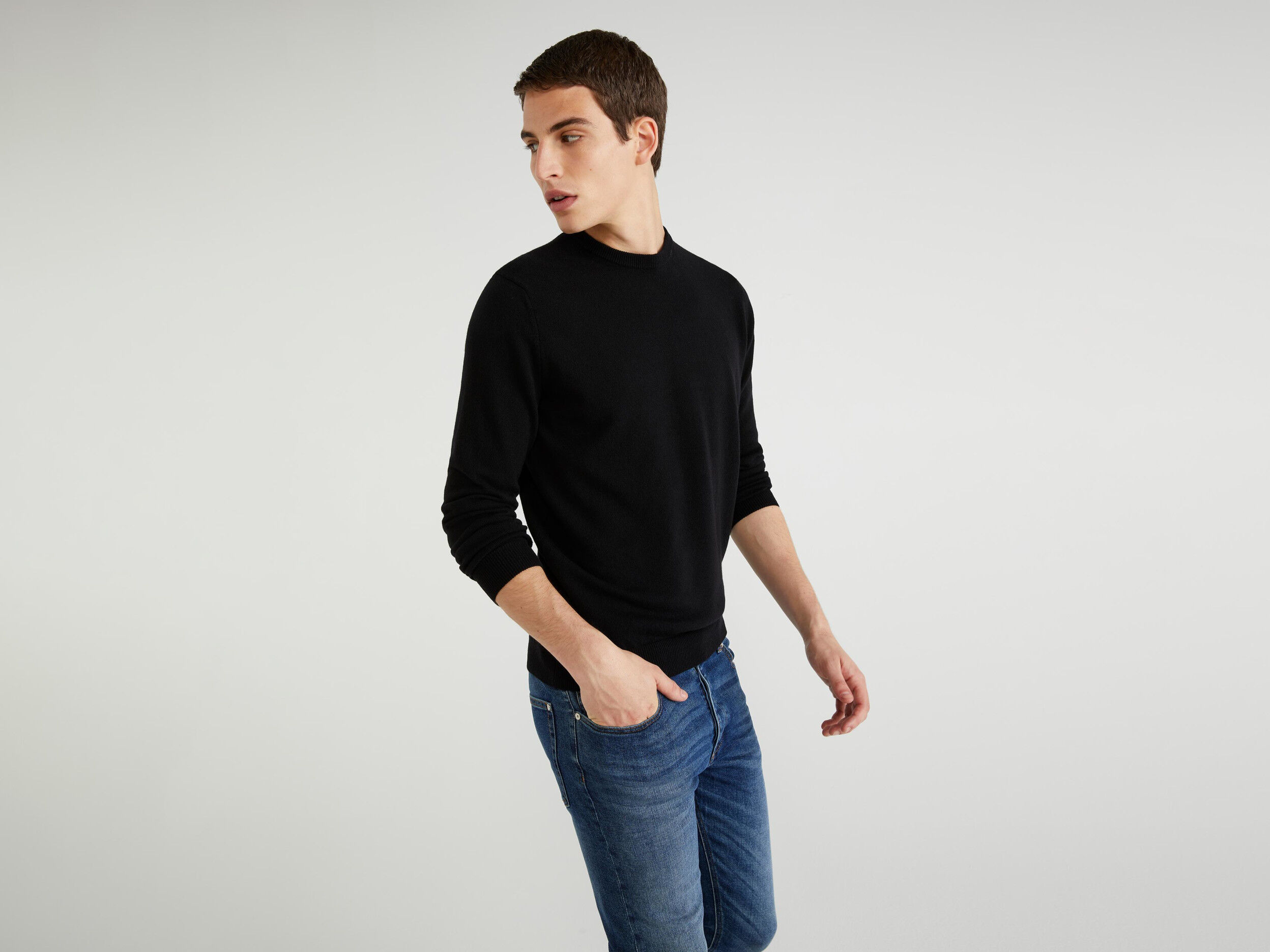 black wool crew neck sweater