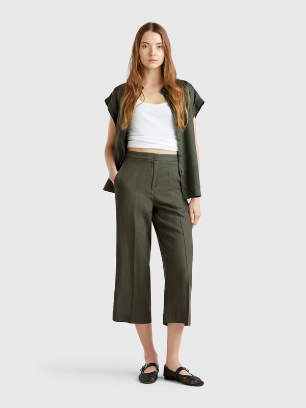 Pantalón cropped de puro lino Mujer