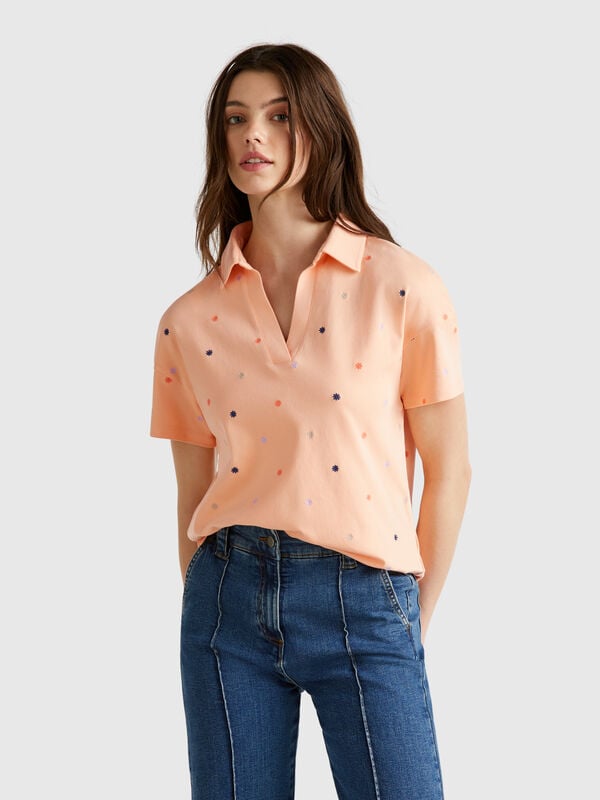 Polo con bordado de flores Mujer