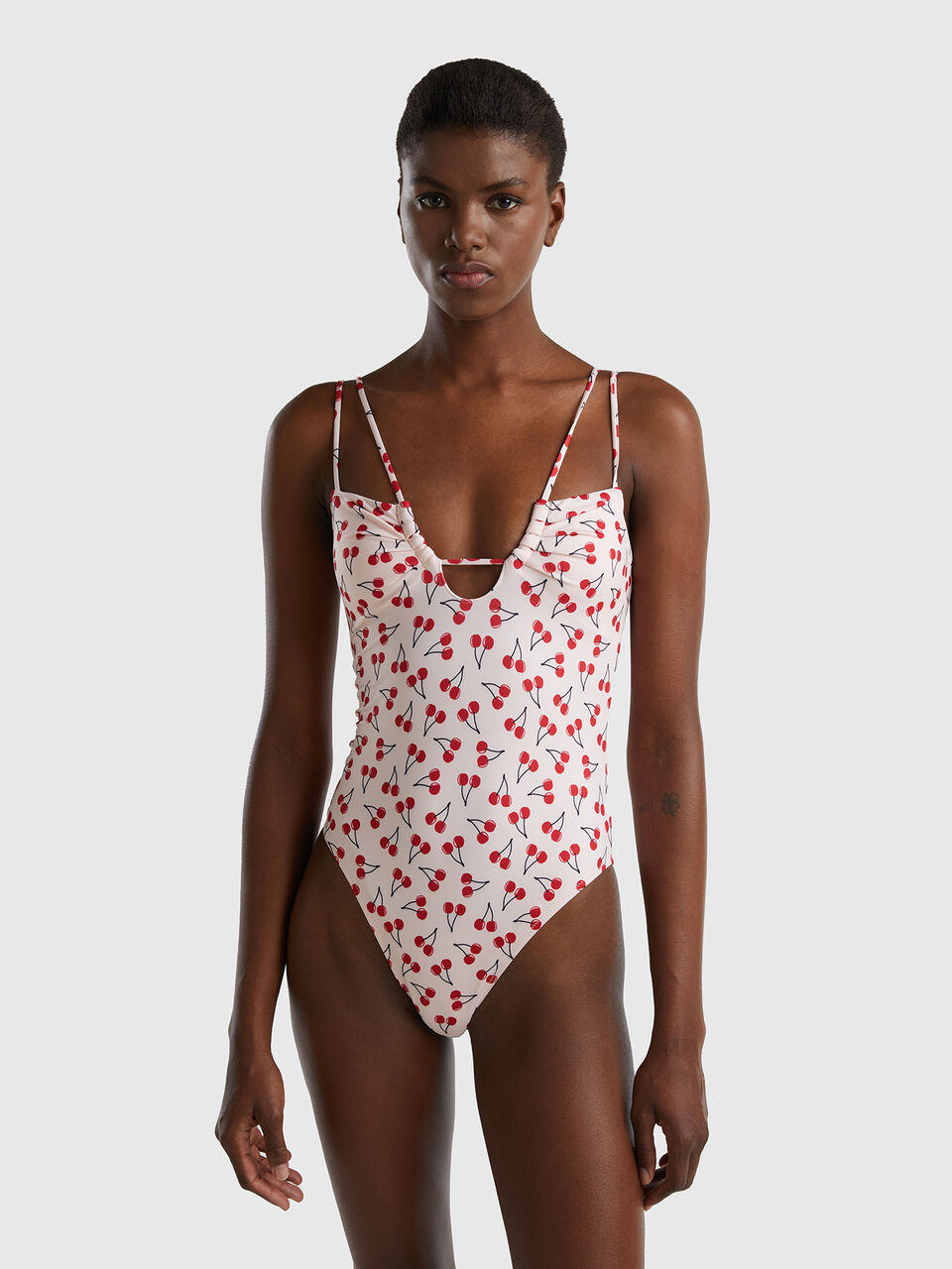 Pink one-piece swimsuit with cherry pattern - Pink