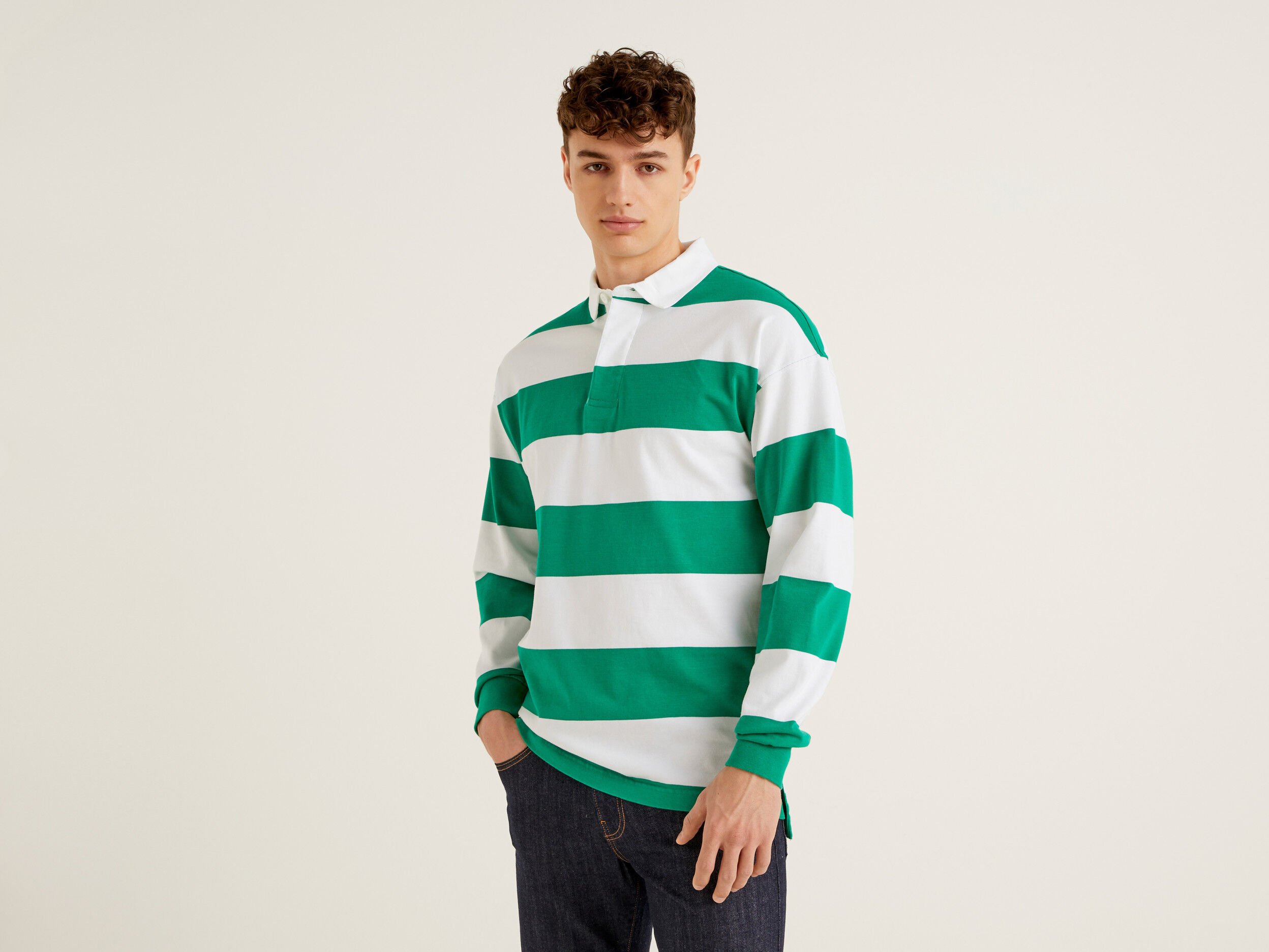 Green striped polo long deals sleeve