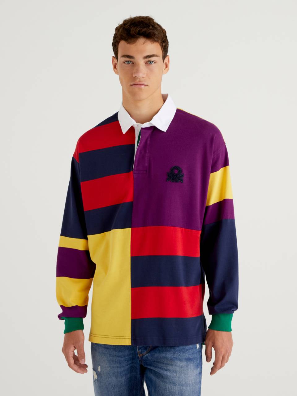 Mens Striped and Patchwork Round Neck Polo Shirt Multi color Benetton