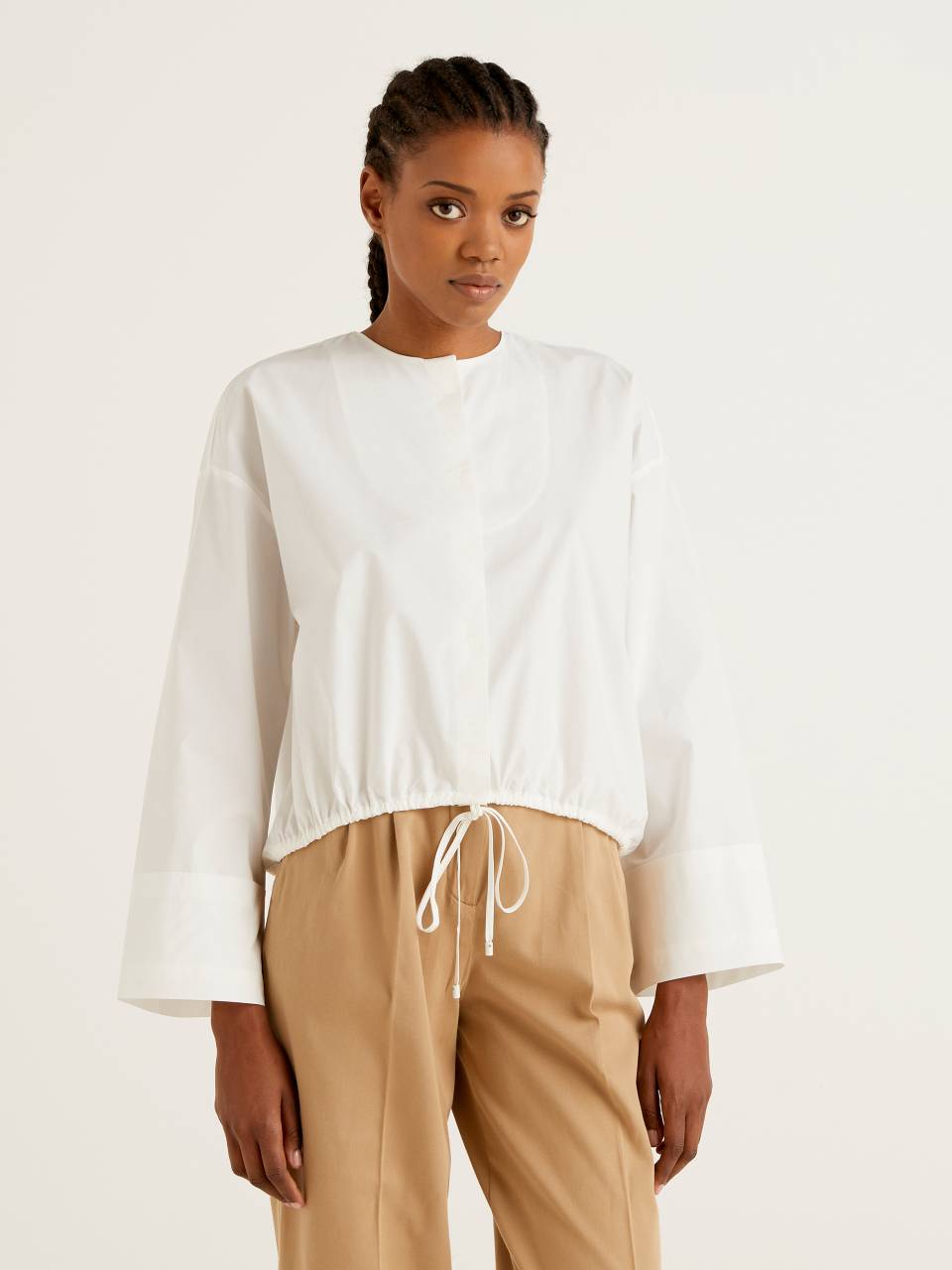 Boxy fit shirt Benetton | White - Creamy with drawstring