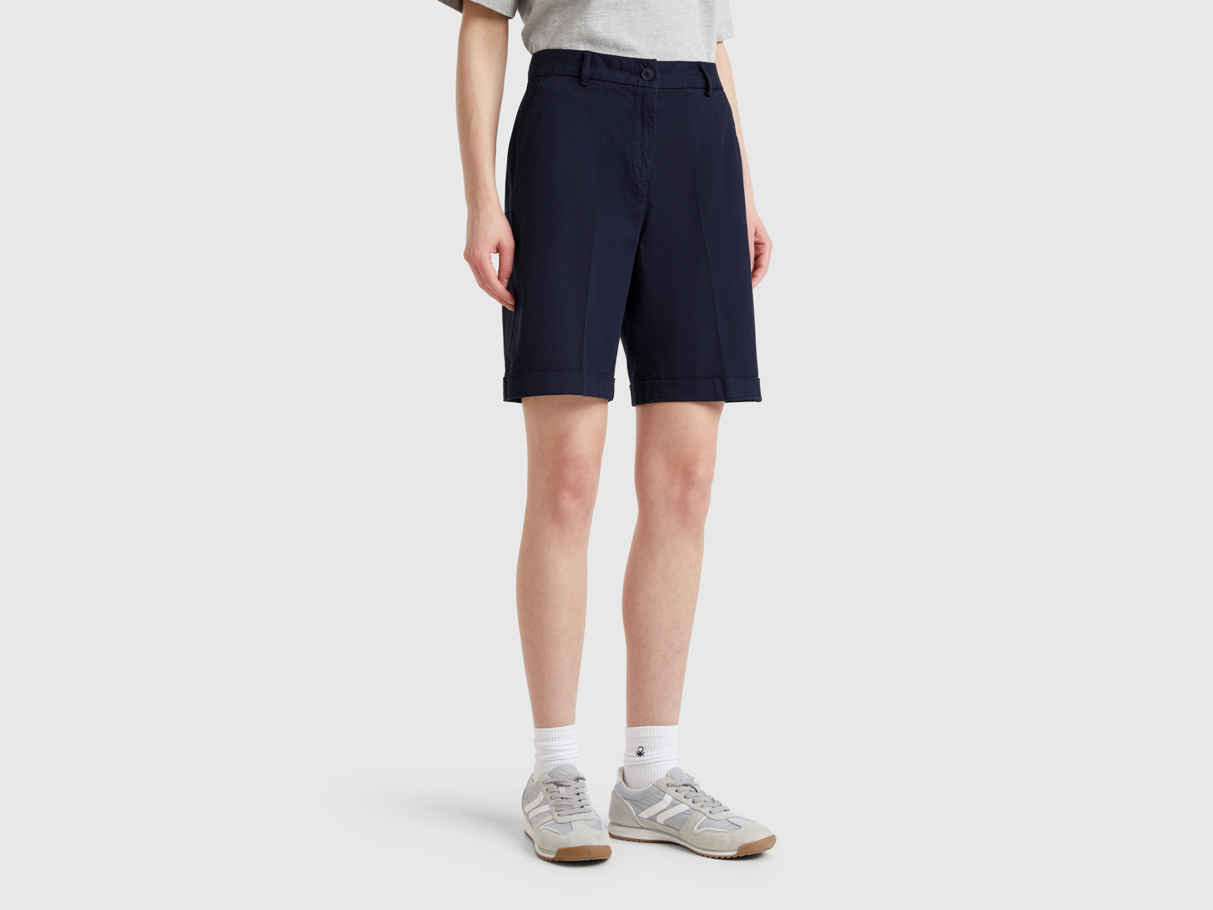 Bermudas with cuff in stretch cotton - Dark Blue | Benetton